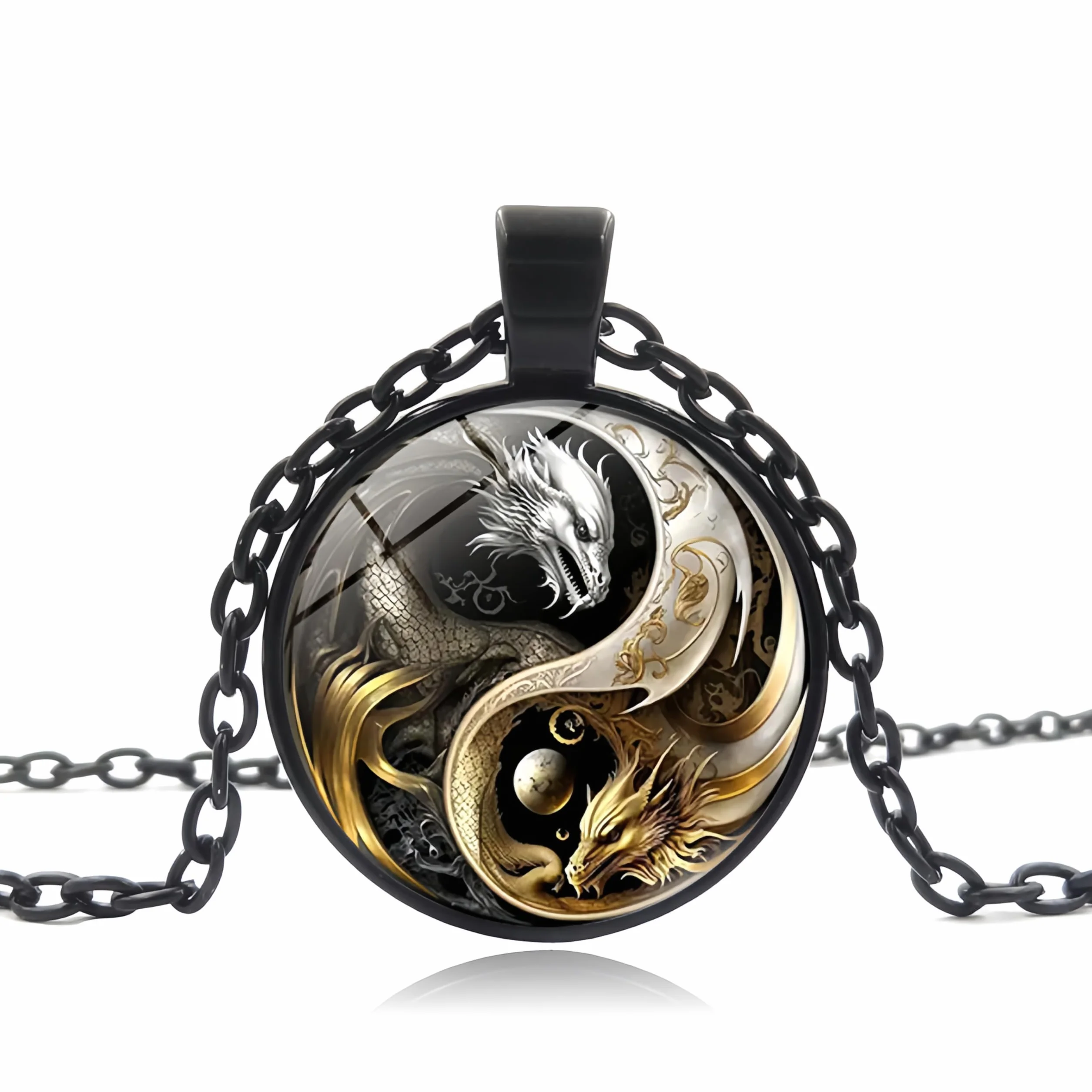 S925 Czysty srebrny naszyjnik Yin Yang z czarnym stalowym łańcuszkiem - starożytna biżuteria wisząca, naszyjnik dla mężczyzn kobiet, naszyjniki Yin i Yang Tai Chi, Feng shui Ying Yang