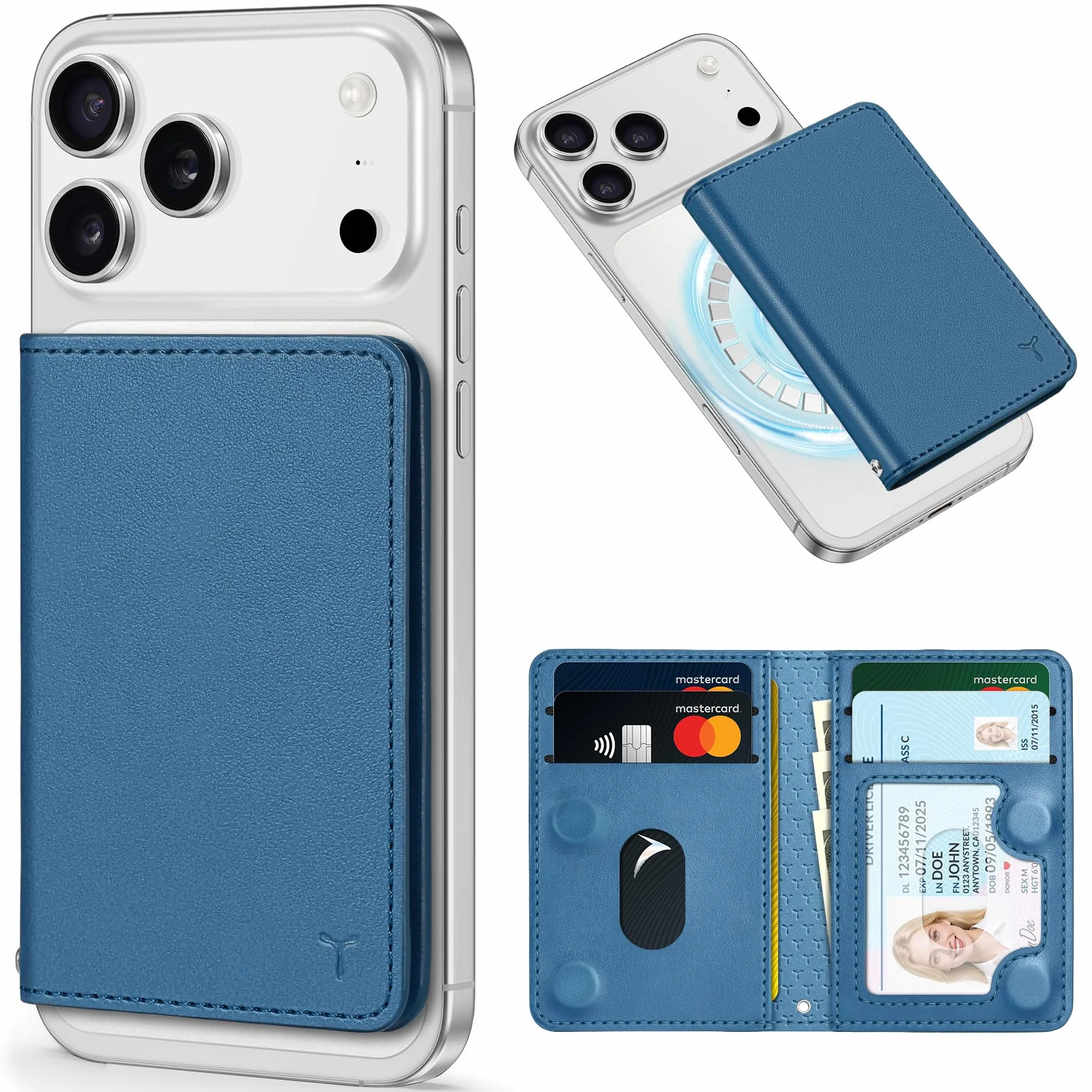 TUCCH Portfel magnetyczny, 6 uchwytów na karty z blokadą RFID, kompatybilne z MagSafe, etui na karty ze skóry PU [przezroczyste okienko ID] do iPhone 17/16/15/14/13/12 seria, Jasnoniebieski