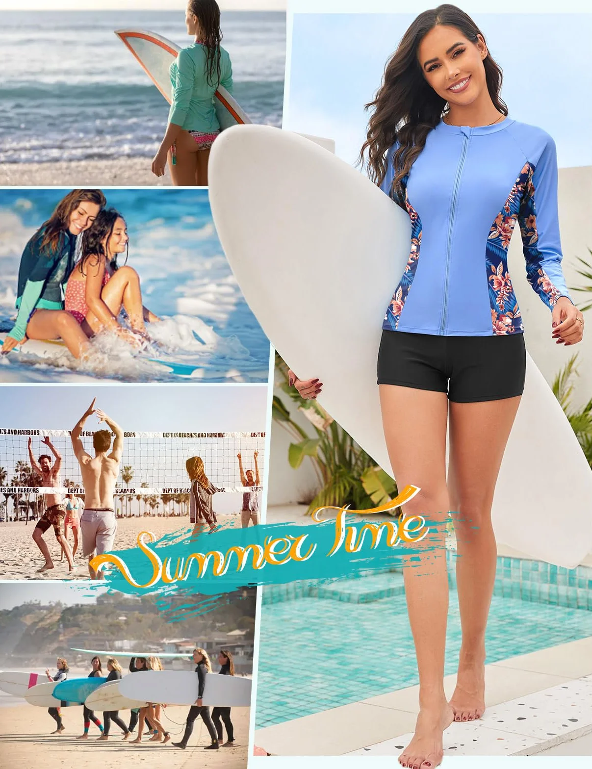 Tuopuda Damska koszulka do pływania z długim rękawem, z zamkiem błyskawicznym, UPF 50+, ochrona przed promieniowaniem UV, Rashguards, koszulka z długim rękawem, sportowa koszulka na wodę, plażę