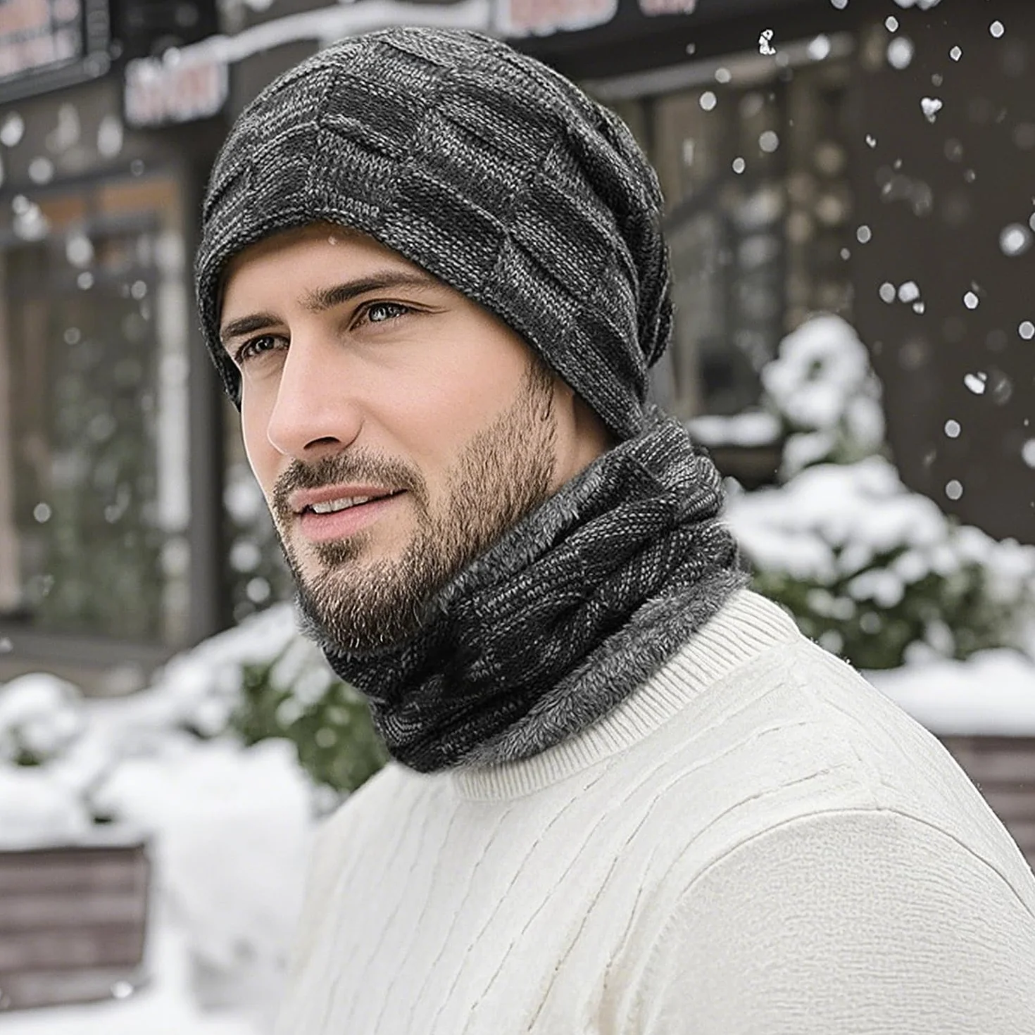 Męska czapka zimowa, zestaw szalików, szaro-czarna, imitacja kaszmiru, czapka beanie, czapka z dzianiny, dla mężczyzn i kobiet