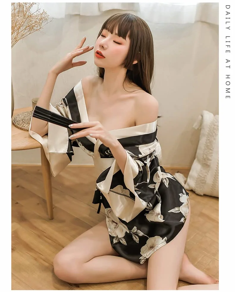 SINROYEE Damski szlafrok kimono seksowna bielizna zestaw azjatycki styl odzież domowa piżama satynowa koszula nocna szlafrok anime cosplay, Czarny, rozmiar uniwersalny