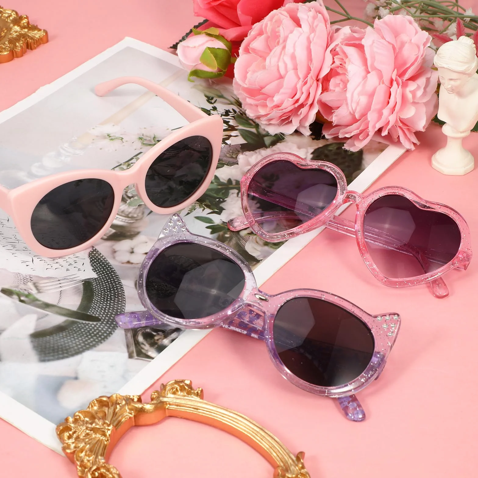 Hifot Okulary przeciwsłoneczne dla dzieci, dziewczęce, urocze okulary przeciwsłoneczne dla dzieci w wieku 3-8 lat, zestaw w kształcie kota serca, kocie oko, Funky Party Glasses Favor, dziecięce