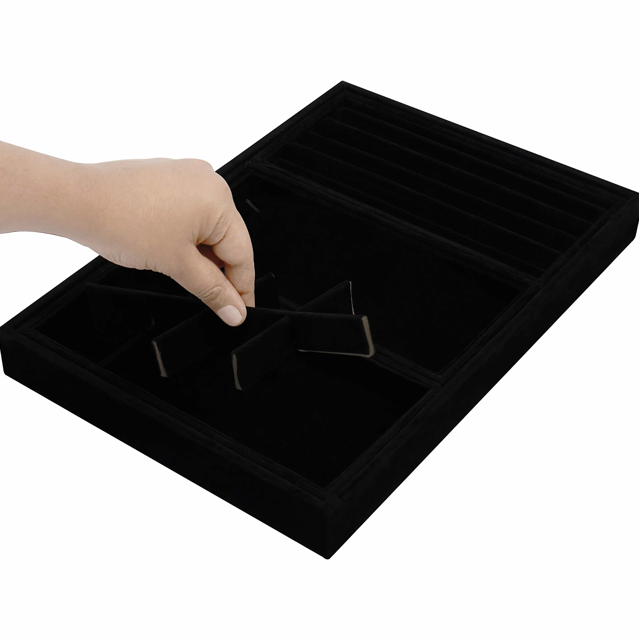 Belle Vous Czarne Aksamitne Tacki Organizery na Biżuterię (4 Sztuki) - 35,3 x 24,2 cm - Pudełka do Prezentacji - Ruchome Sekcje na Naszyjniki, Pierścionki, Bransoletki i Kolczyki