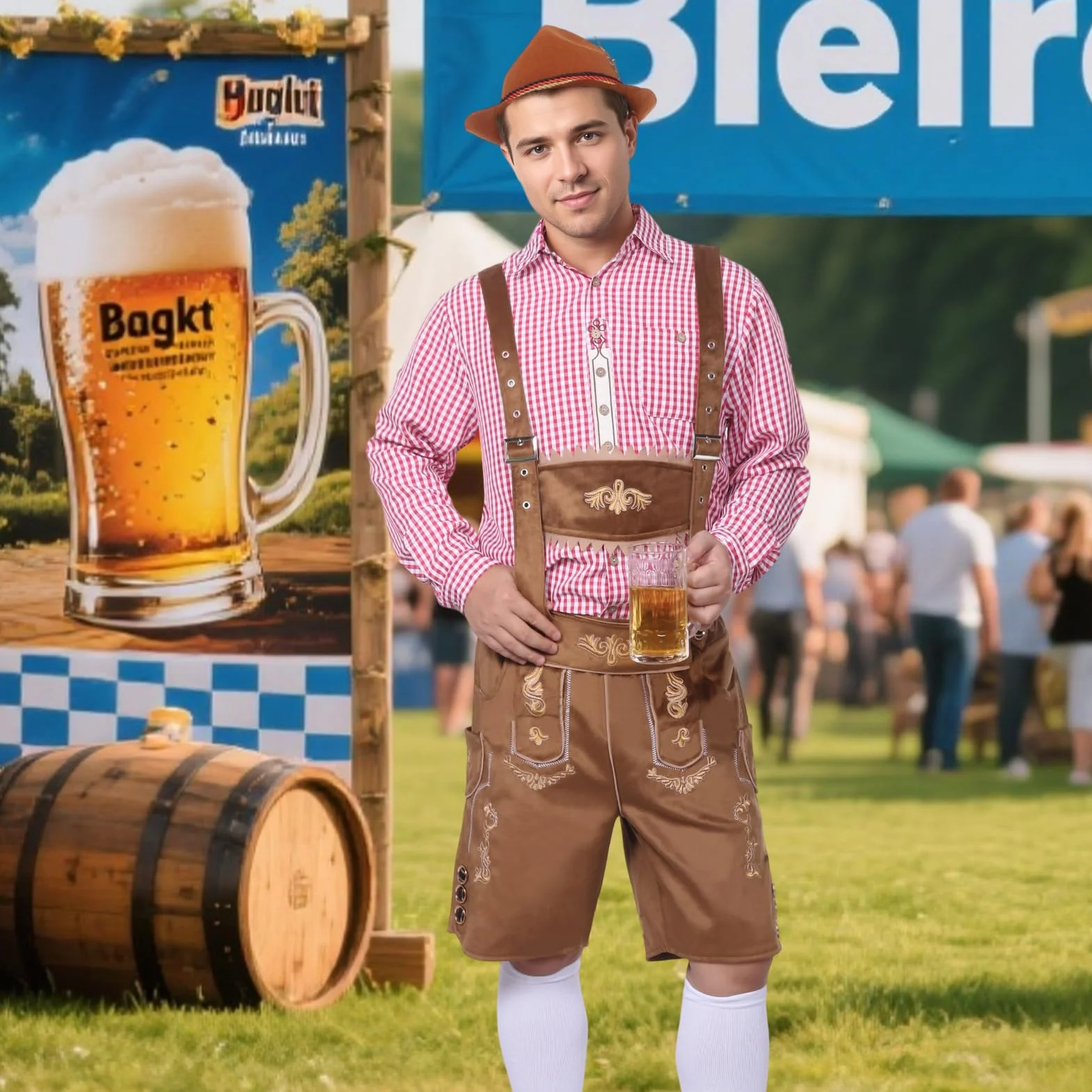Strój męski na Oktoberfest, bawarski tradycyjny strój męski na Oktoberfest z tradycyjnymi skórzanymi spodniami, kapeluszem i skarpetkami na karnawałową imprezę cosplay (Brązowy, L)