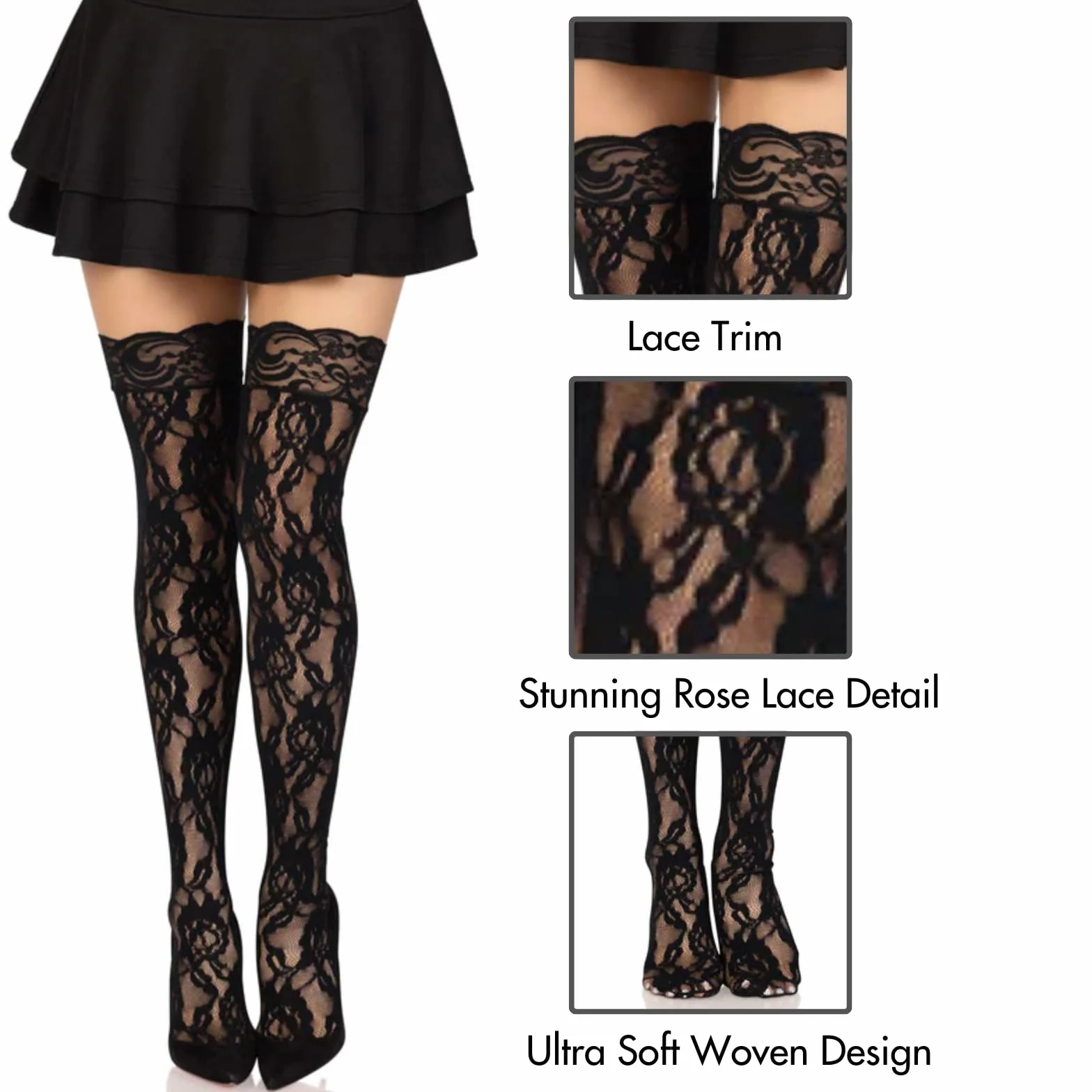 Leg Avenue Rose Lace Stockings,Jeden Rozmiar(Czarny)