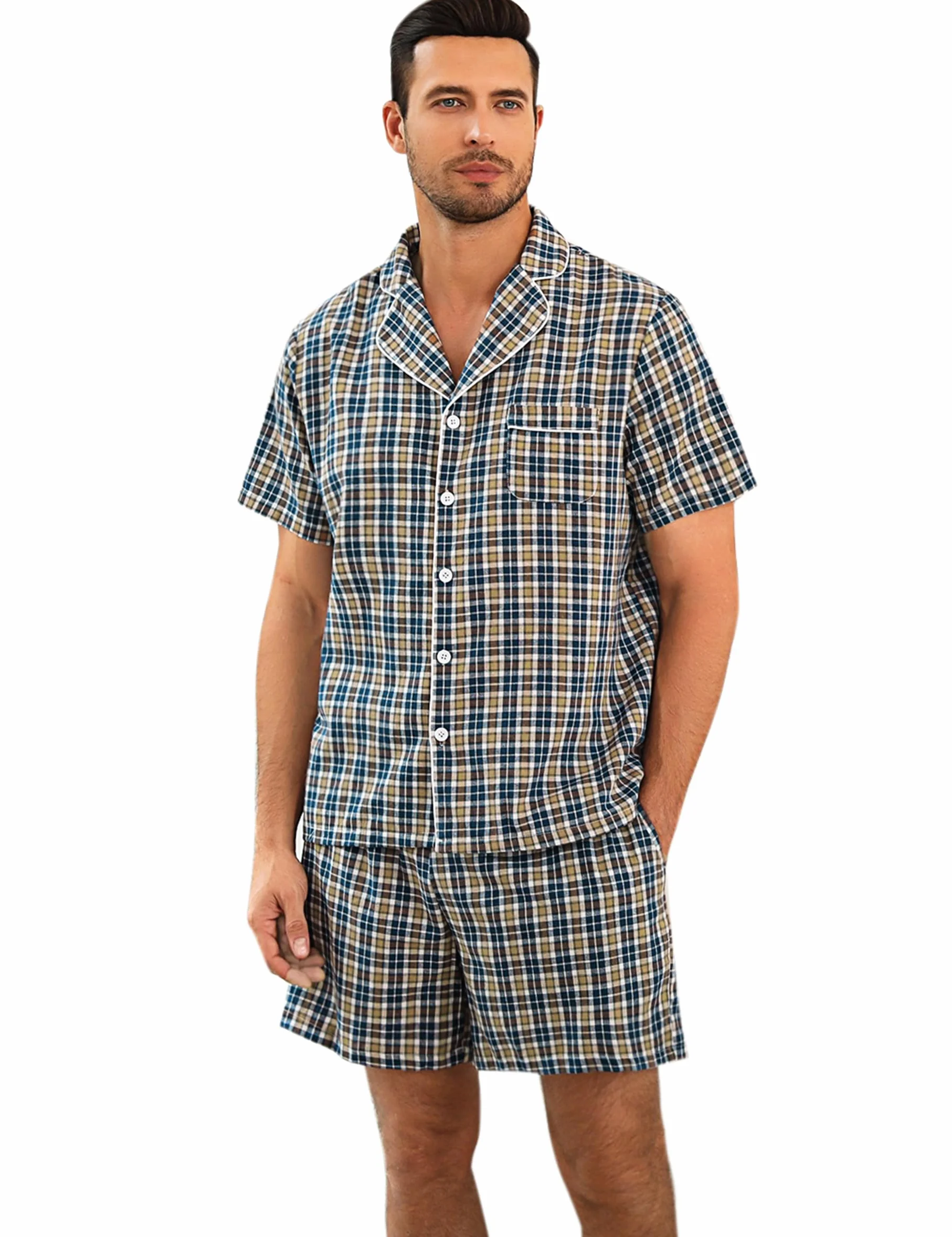 Męska piżama bawełniana krótka piżama lato krótki rękaw dwuczęściowa bielizna nocna Loungewear ze spodniami piżamowymi krótka S-XXL