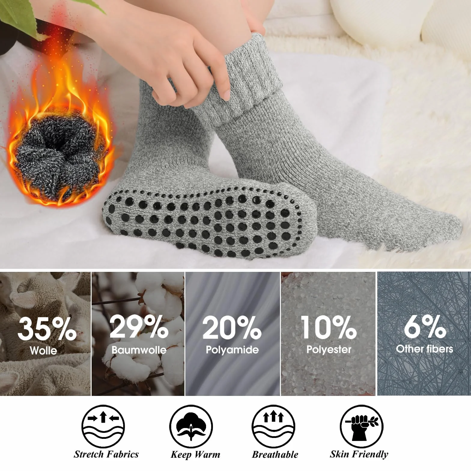 3-pak antypoślizgowych skarpet wełnianych z uchwytem, antypoślizgowe bawełniane skarpety zimowe dla mężczyzn i kobiet, grube skarpety do łóżka typu chunky slipper, antypoślizgowe skarpety z uchwytem