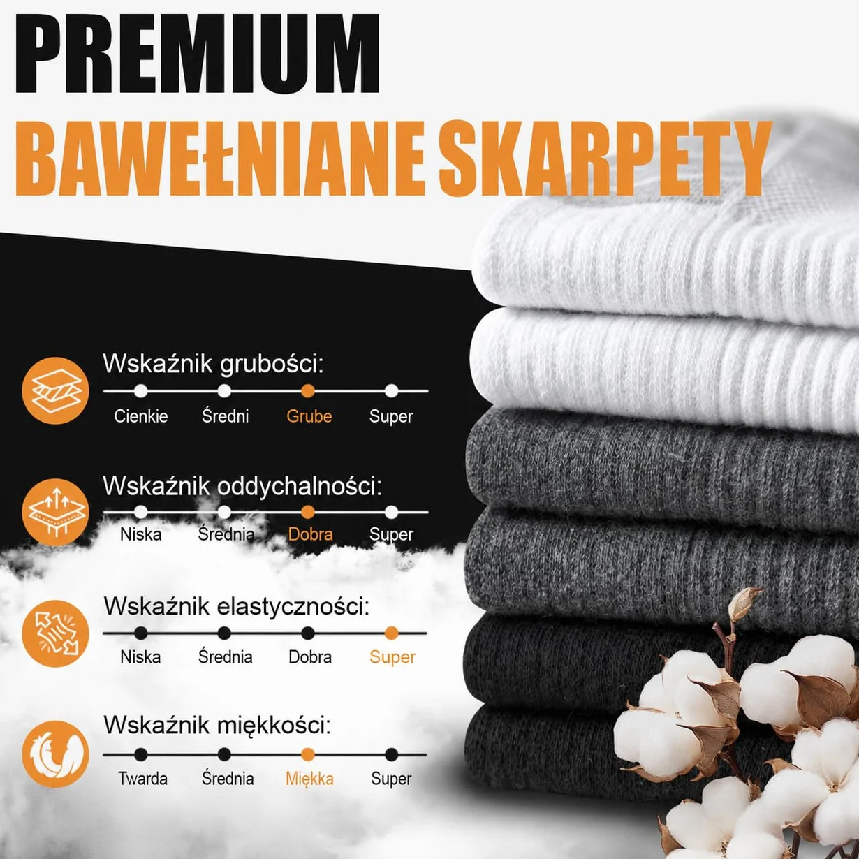 Niorasen Skarpety Męskie Damskie 35-38, 43-46, 39-42, 47-50, 6 Par Zimowe Oddychające Bawełniane Skarpety Turystyczne, Sportowe, Trekkingowe, Ciepłe Wyściełane Skarpety Do Biegania I Tenisa
