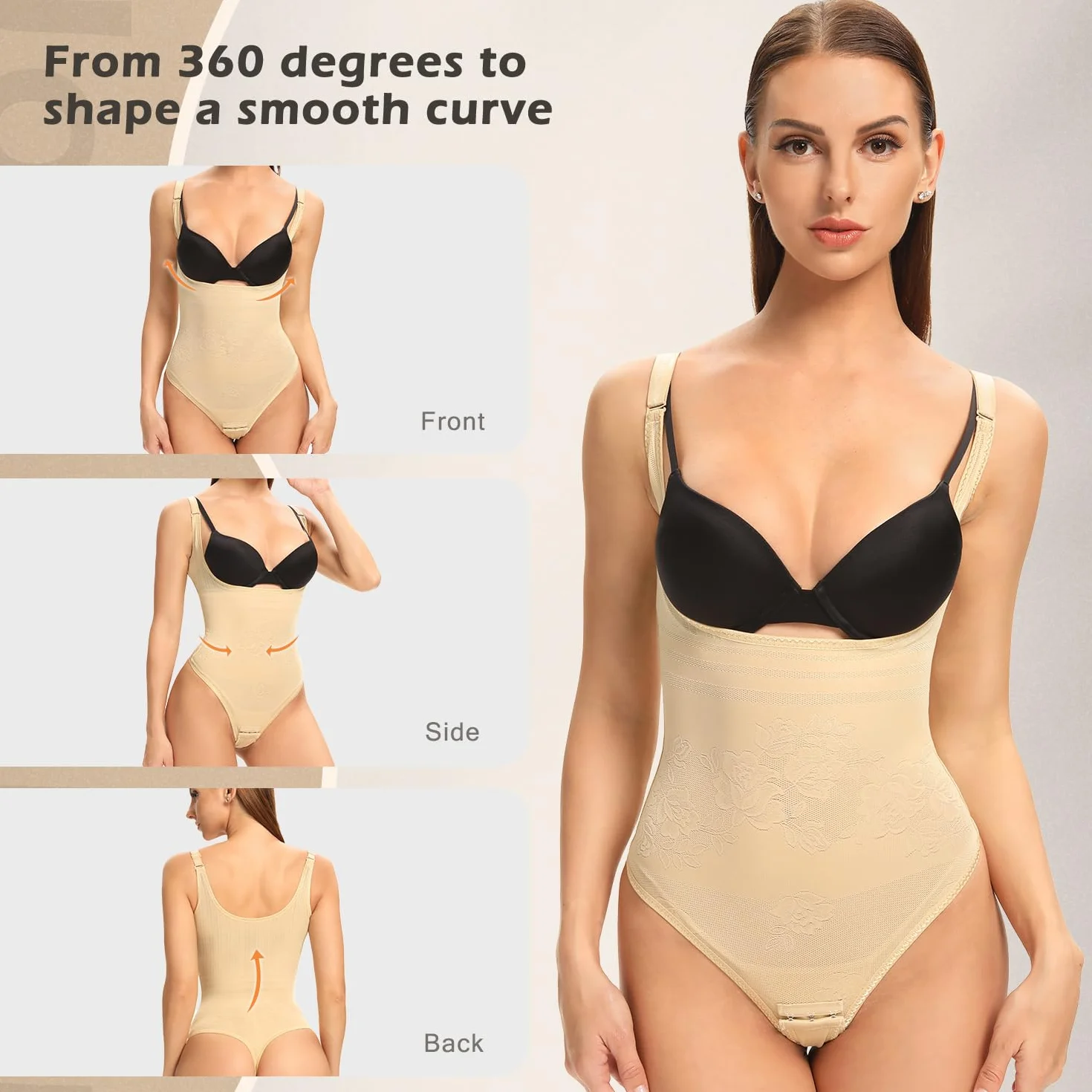 Joyshaper Figurformujący Body Damski Tanga Mocno Wyciągające Talię Formujące Body Bielizna z Haftkami Modelujący Bodysuit, Be?owy-1, XL
