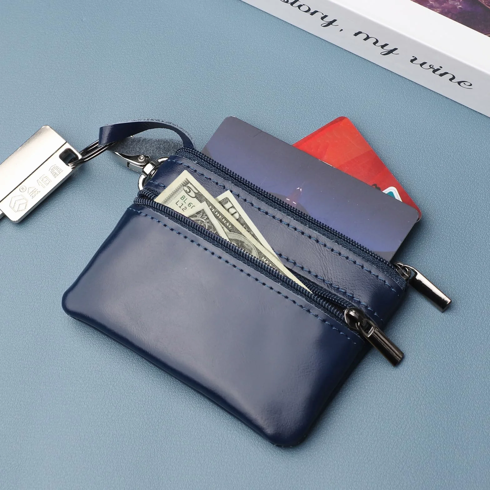 2 szt. skórzany brelok na klucze dla mężczyzn i kobiet, etui na klucze z 2 przegródkami, niebieski