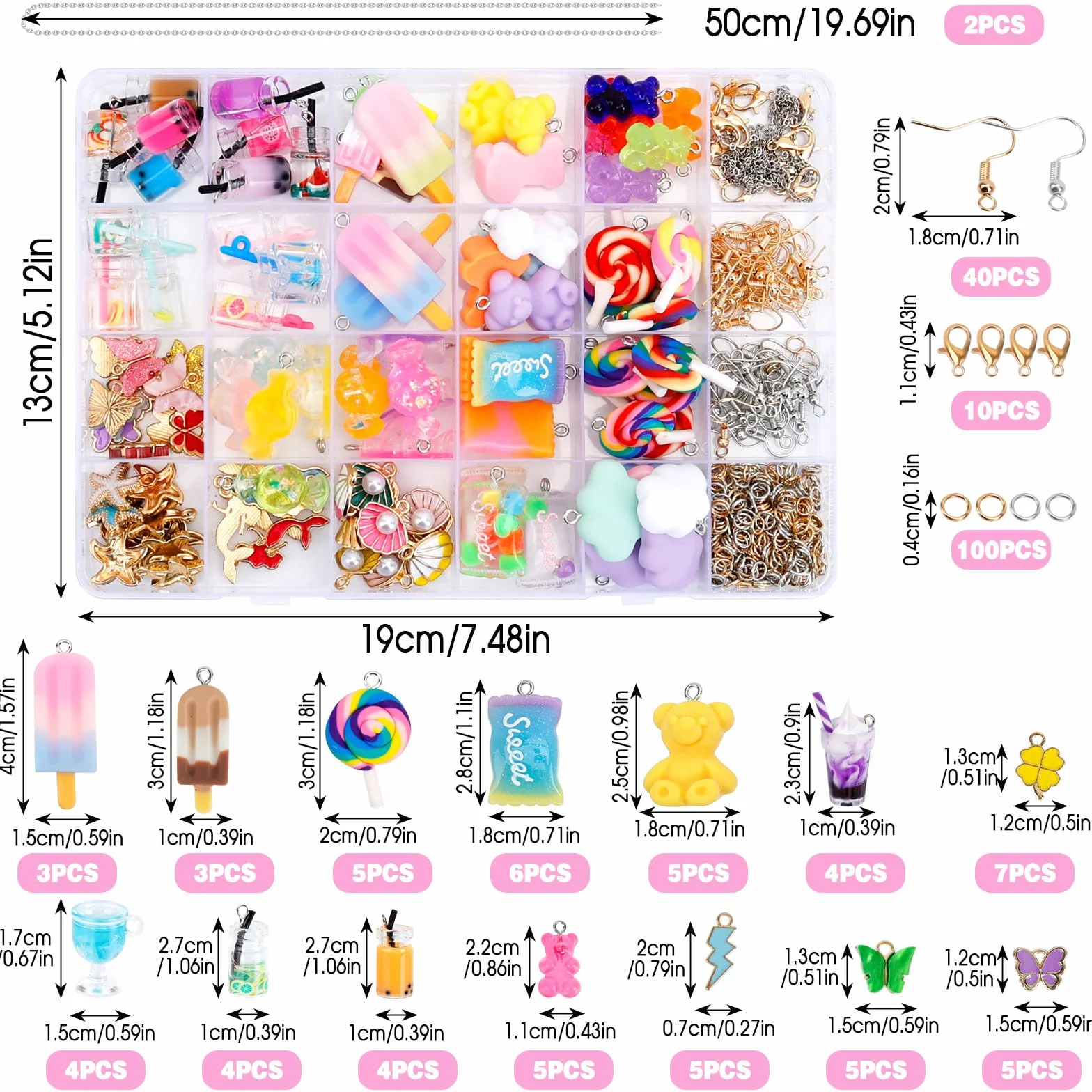 JABNOW zestaw zawieszek, kolczyki DIY, 65 sztuk zawieszek z herbatą bąbelkową, motyl niedźwiedź, DIY fajne rzeczy do kolczyków, naszyjnika, bransoletki, breloka, dziewczynki