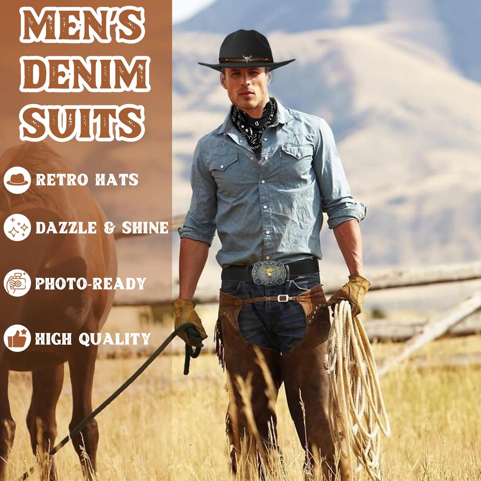 Zestaw 8 akcesoriów do kostiumu kowbojskiego, Deluxe Western Cowboj, strój z brązowym kapeluszem, paisley, kabura, pasek, bolo, klamra, krawat, naszyjnik, odznaka szeryfa, dla mężczyzn, hipisowska
