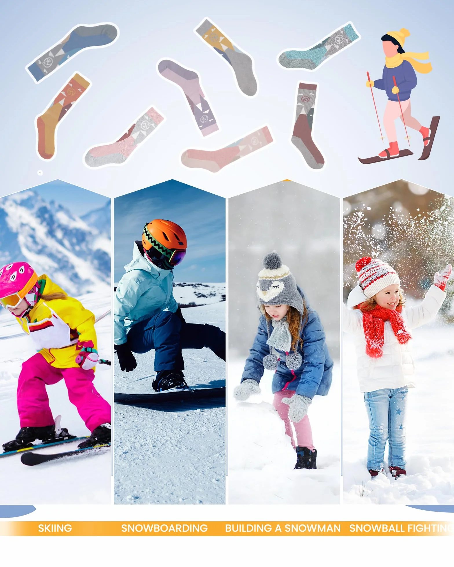 OutdoorMaster Skarpety narciarskie z wełny merynosów dla dzieci, chłopców i dziewczynek, termiczne zimowe ciepłe skarpety snowboardowe na zimną pogodę