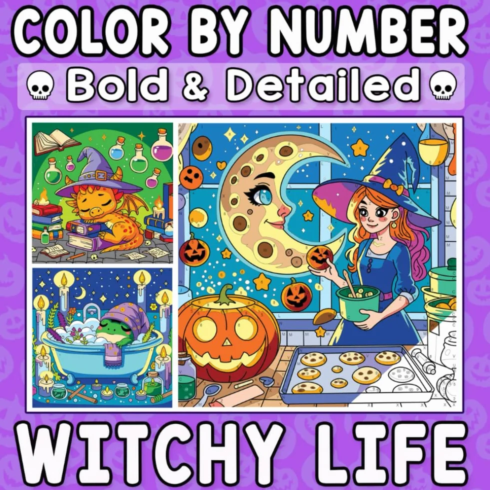 Color By Number Bold & Detailed Witchy Life: A Spooky-Cute Coloring Adventure of Magical Moments and Cozy Spells