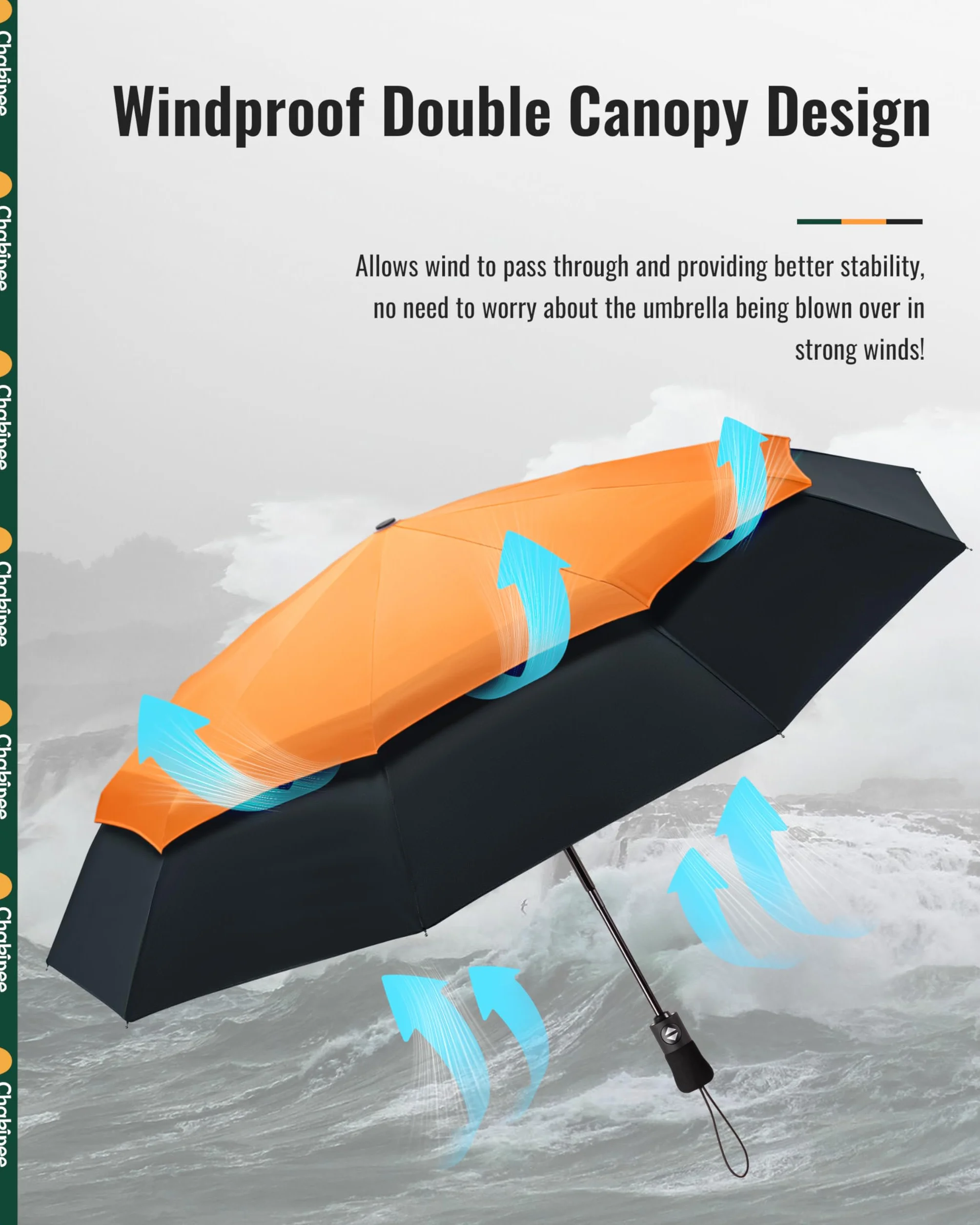 Kompaktowy parasol podróżny, wiatroszczelny, mocny, automatyczne składane parasole na wiatr i deszcz, podwójnie wentylowany baldachim 210T powłoka teflonowa 102 cm rozpiętość - 9 żeber,
