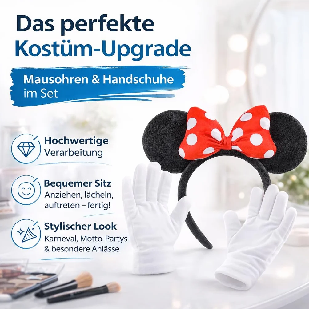 Costumed 2-częściowy zestaw z uszami myszki Minnie – kostium z rękawiczkami i uszami myszy dla kobiet na karnawał