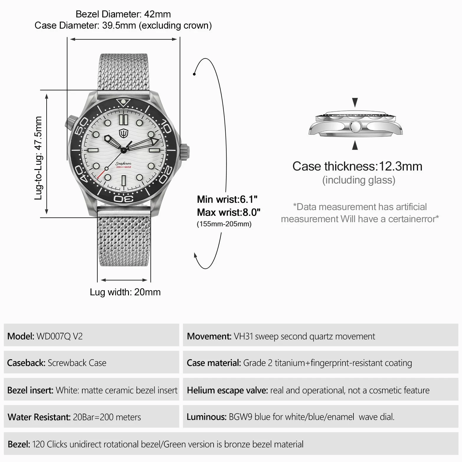 watchdives WD007Q V2 42 mm Titanium NTTD zegarek do nurkowania, Japonia VH31 Sweep Second zegarek kwarcowy, zakrzywione szkło szafirowe zegarek na rękę 200 m wodoszczelny zegarek