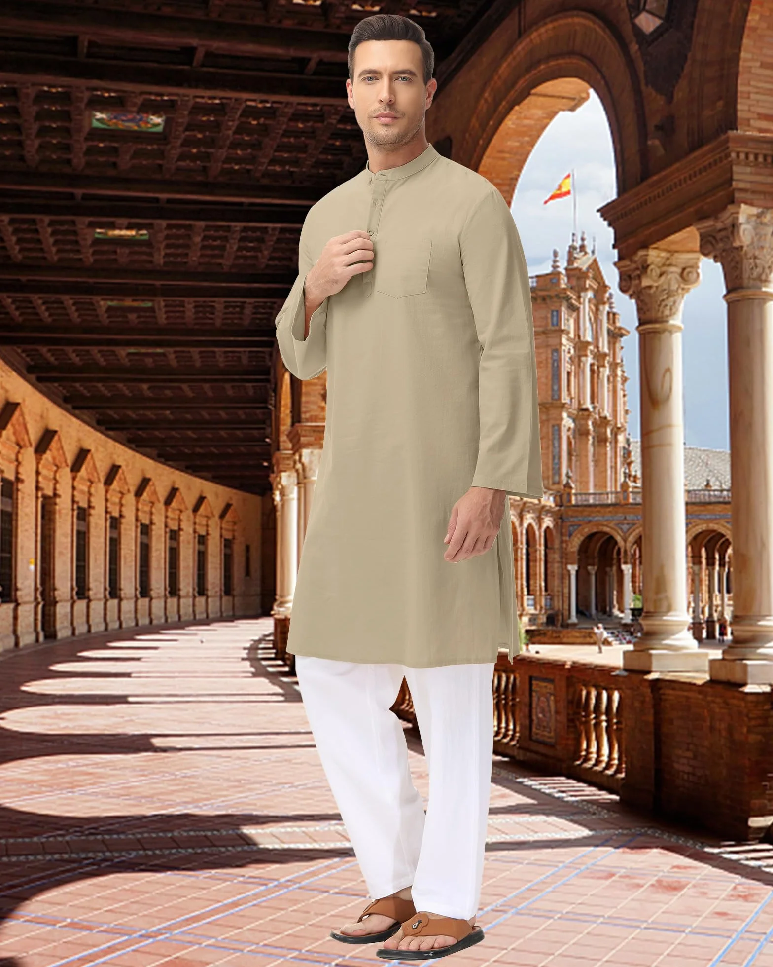 LVCBL Kaftan męski szlafrok muzułmański dekolt z długim rękawem Kaftan guzik wysoki Thobe M-3XL