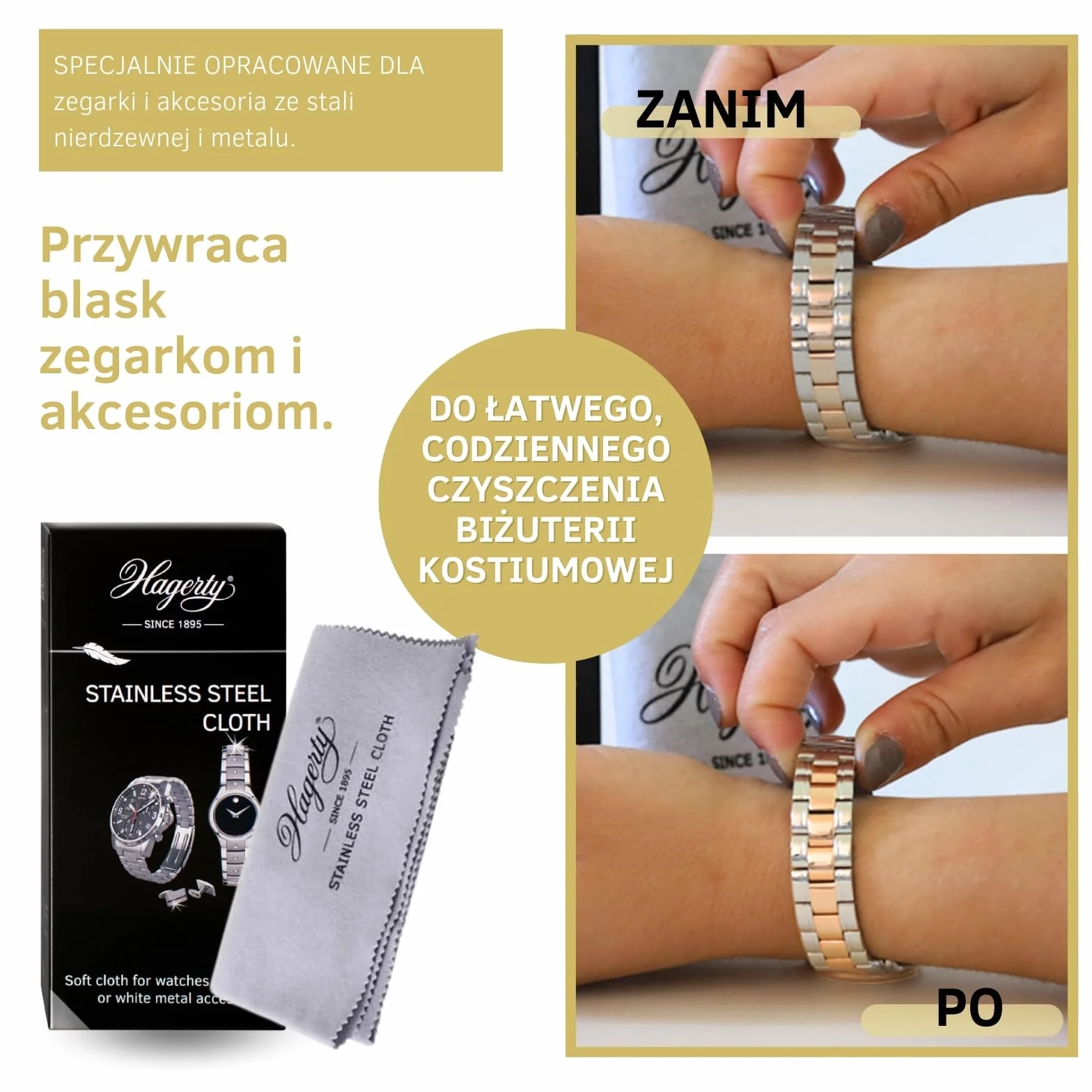 Hagerty Stainless Steel Cloth Ściereczka do czyszczenia stali szlachetnej 36 x 30 cm I Impregnowana ściereczka do polerowania zegarków ze 100% bawełny I Ściereczka pielęgnująca stal szlachetną