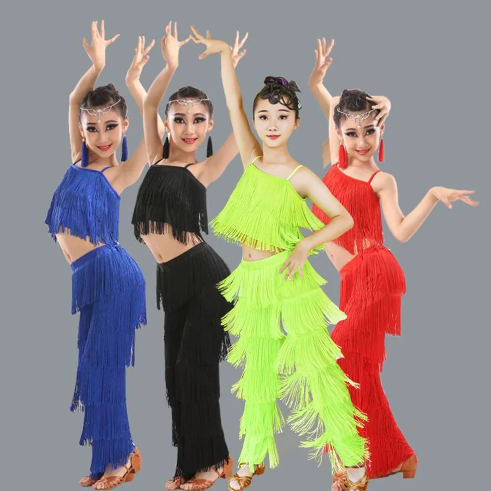 Stroje do tańca latynoskiego 2 sztuki koszula na ramiączkach frędzle frędzle zestaw do tańca towarzyskiego Tango Salsa spodnie do ćwiczeń