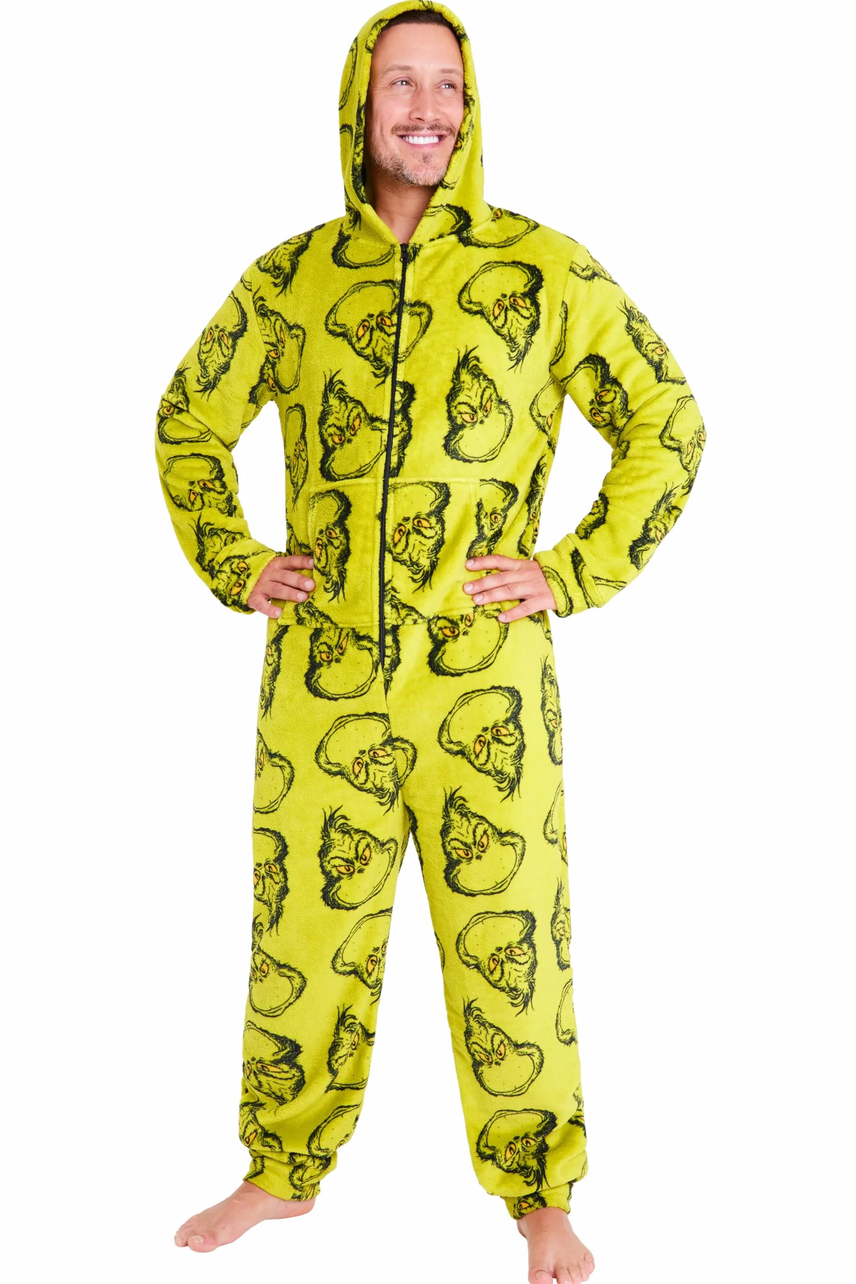 The Grinch Onesie męski kombinezon polarowy z kapturem, przytulny kombinezon polarowy dla mężczyzn i nastolatków