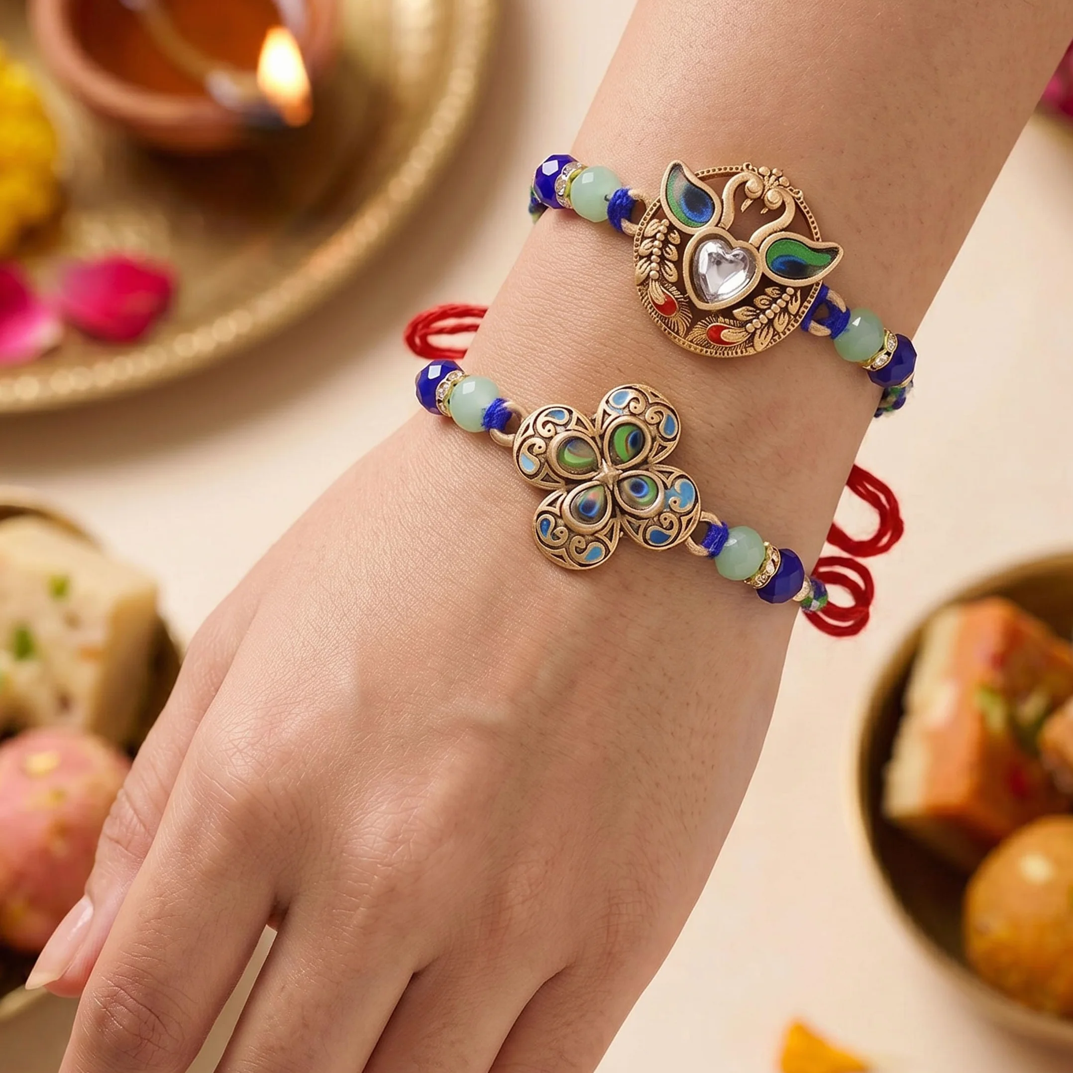 TIED RIBBONS Raksha Bandhan Rakhi for Brother Set of 2 Rakhi Set | Bhai Rakhi with Card | Roli Chawal Packet - Rakhi Bracelet for Brother Rakhi 2 Set | Rakhi for Bhaiya Bhai | Rakhi Thread