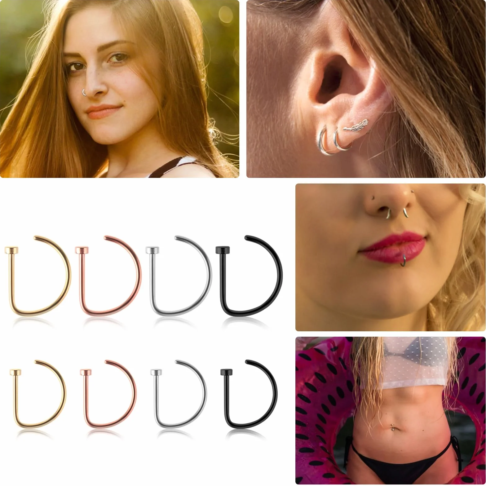 Yolev 8 szt. sztucznych pierścieni do nosa, obręcz w kształcie litery D, śruba do nosa, diament, mały piercing biżuteria, obręcz do nosa do sztucznej wargi, przegrody nosowej, zestaw