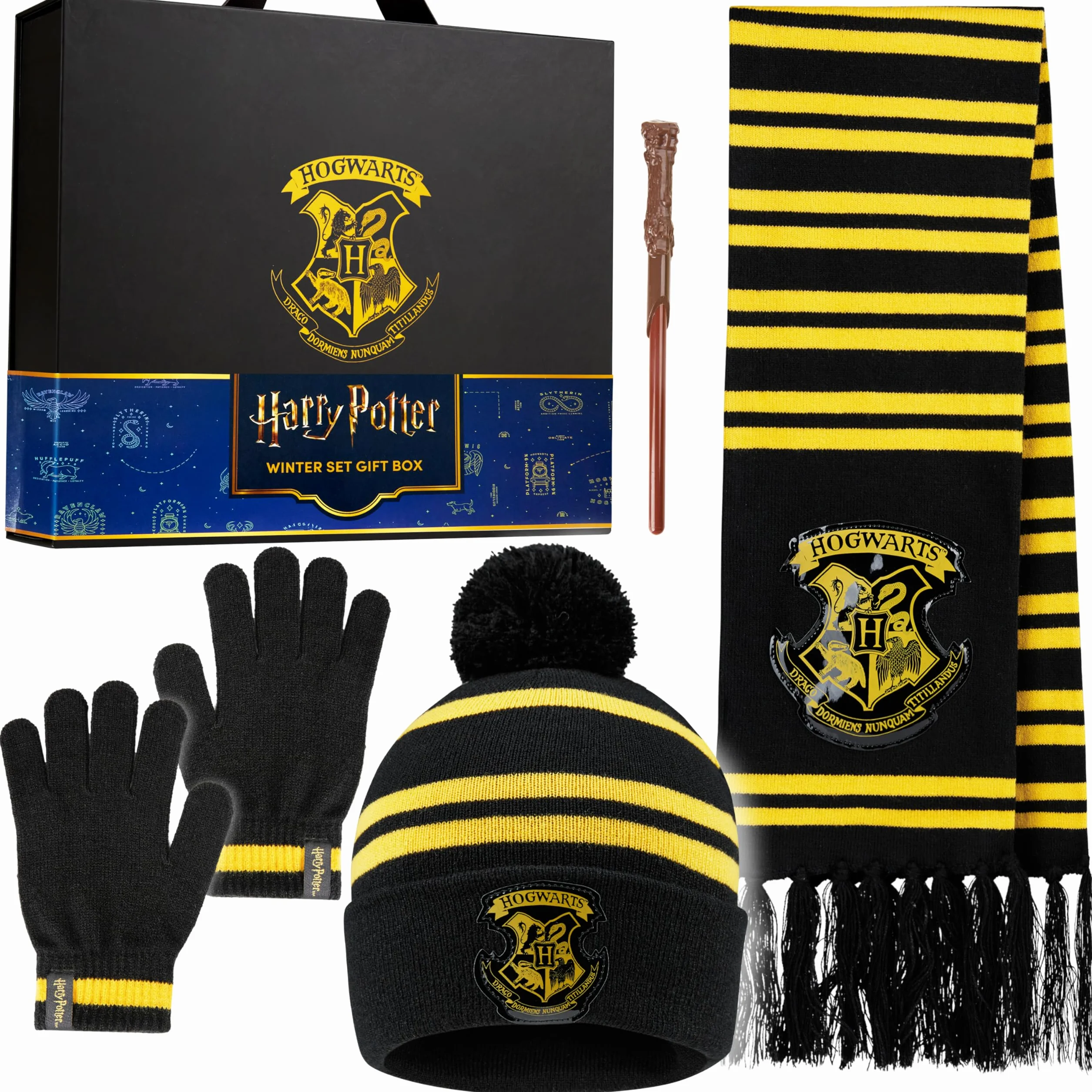 Harry Potter Zestaw zimowy 4 szt. - szalik, czapka beanie, rękawiczki, różdżka dla dzieci - akcesoria do Hogwartu, kostiumy, prezenty dla dzieci