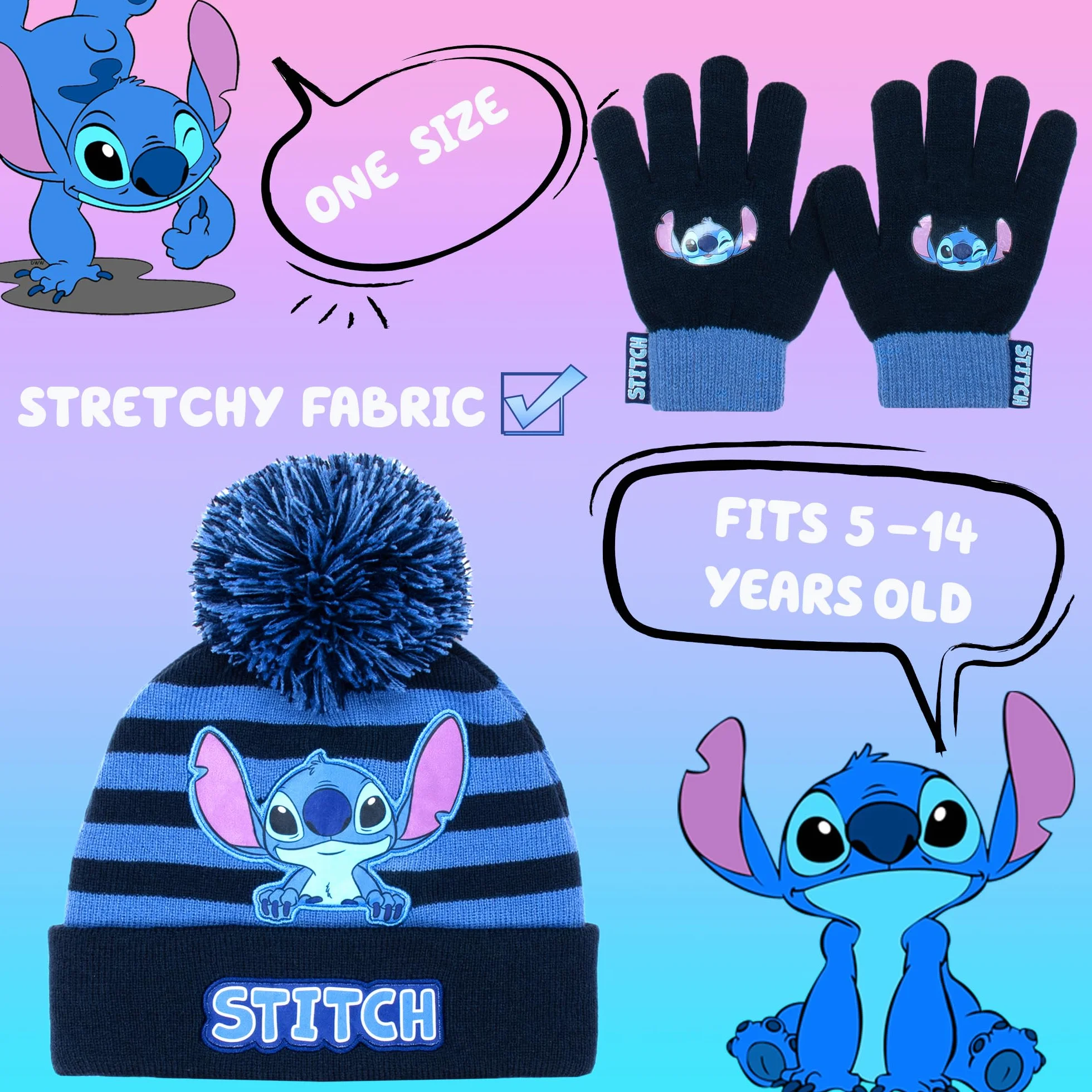 Disney - Stitch Winter Hat & Gloves Set for Girls - Warm & Comfy Kids Accessories - Gift Set for Girls - Purple, Fioletowy, rozmiar uniwersalny