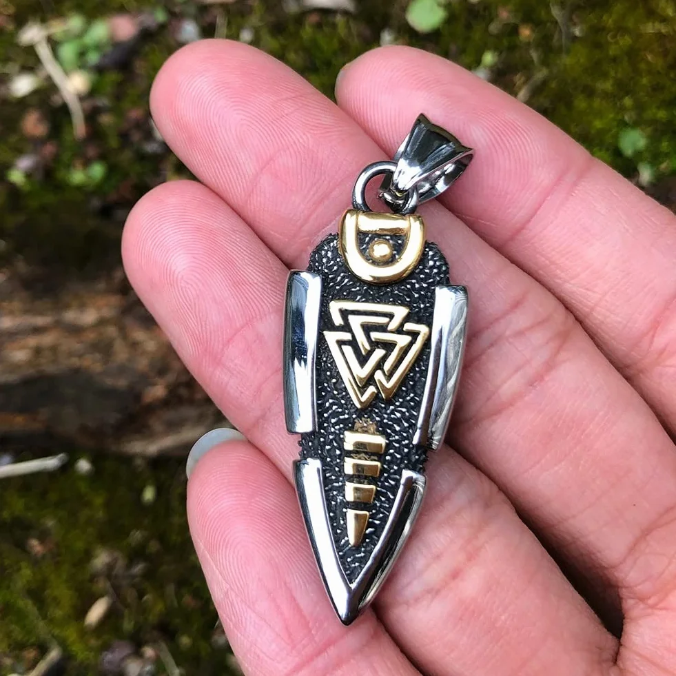 Mitologia nordycka Odyna włócznia naszyjnik - męski wisiorek grot strzały ze stali nierdzewnej - vintage średniowieczny symbol Valknut amulet islandzka biżuteria