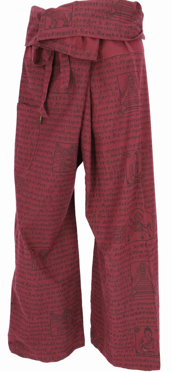 GURU SHOP Tajskie spodnie wędkarskie z nadrukiem mantry, tkana bawełna, spodnie do przewijania, spodnie do jogi, męskie/damskie, zielone, rozmiar: jeden rozmiar