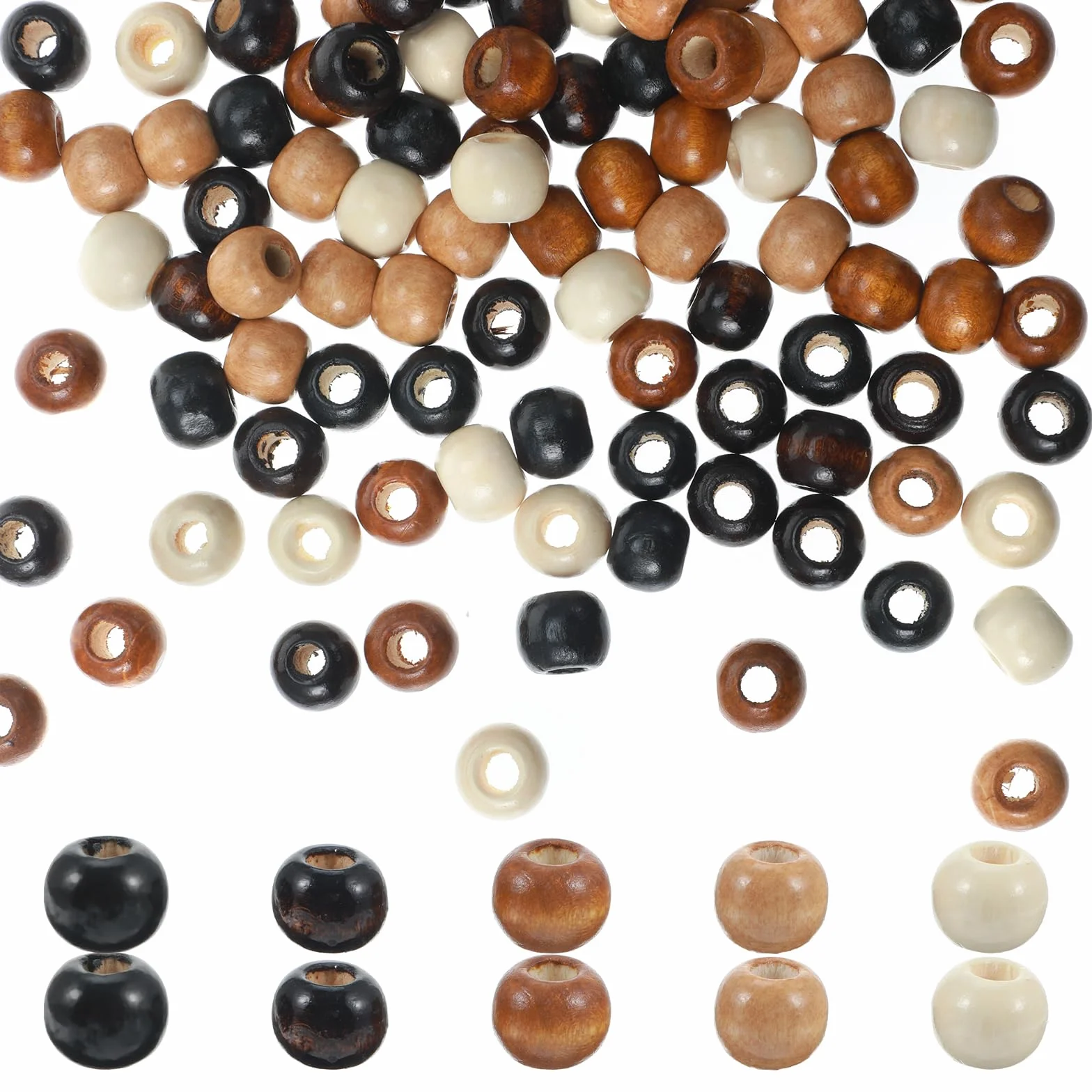 Xindojuz Drewniane koraliki do rękodzieła, 100 szt. 10mm x 8.5mm, okrągłe, naturalne kolory: ciemnobrązowy, średni brąz, morelowy, do breloczków, naszyjników, bransoletki, włosów, DIY