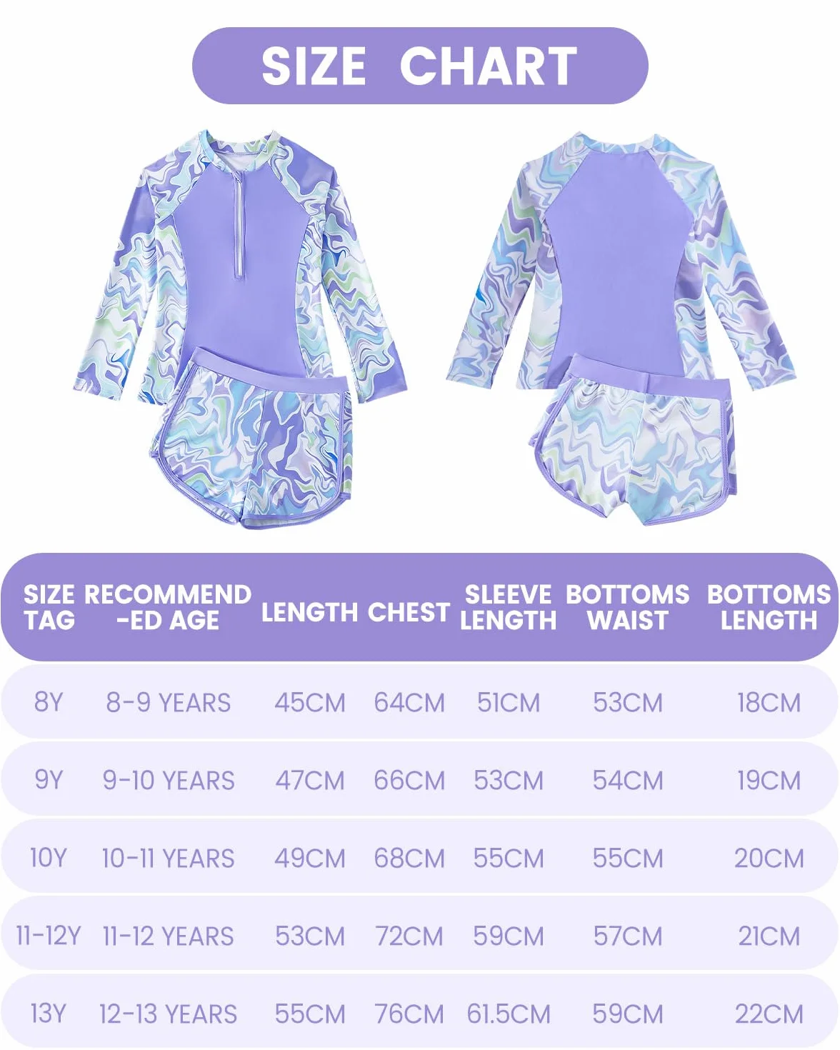 JiAmy Stroje kąpielowe dla dziewczynek z szortami, dwuczęściowy kostium kąpielowy dla dziewczynek, z długim rękawem, dla dzieci, zamek błyskawiczny, 8-14 lat