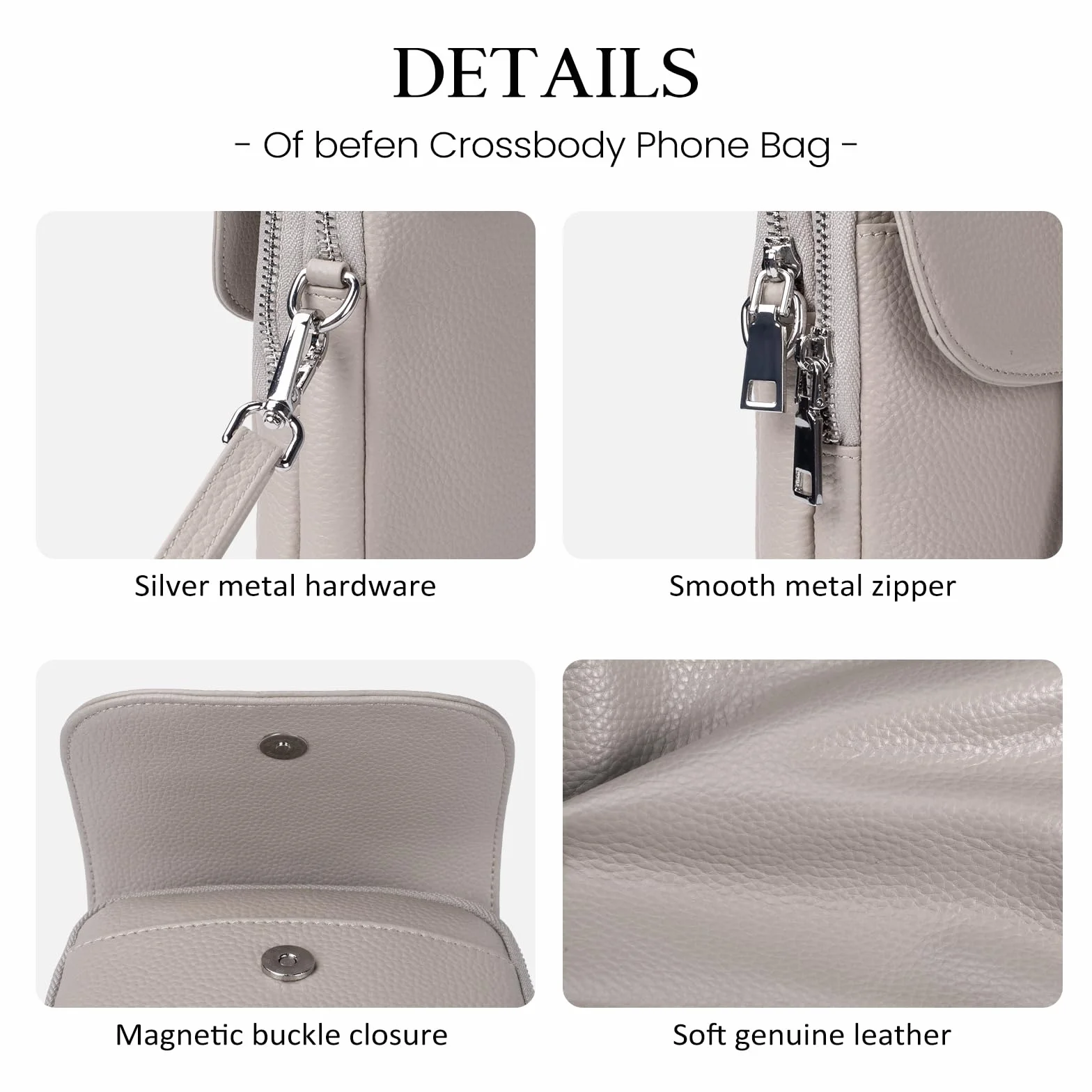 befen Genuine Leather Small Crossbody Bags for Women, RFID Protected Leather Shoulder Bag Small Women's Crossbody Handbags, Anti Theft Cross Over Body Purses with Adjustable Strap, Beige Grey
