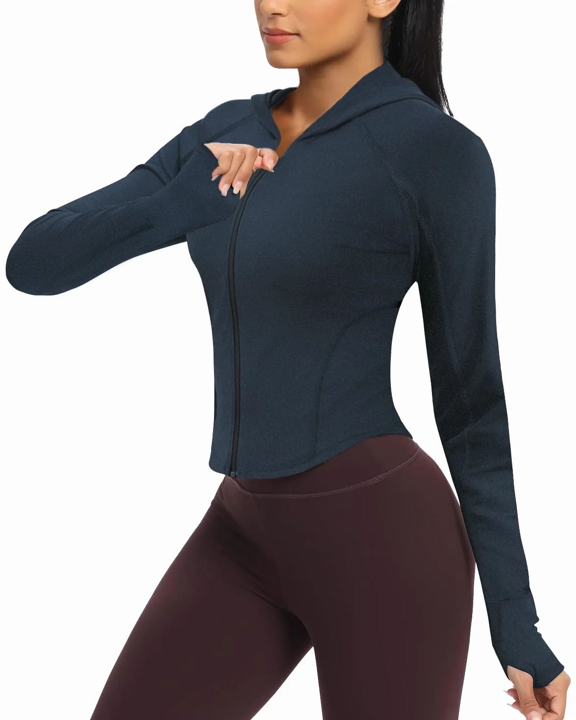 Terecey Damska kurtka sportowa z kapturem Kurtka do biegania, Joga Trening z długim rękawem, sportowa koszula fitness, slim fit