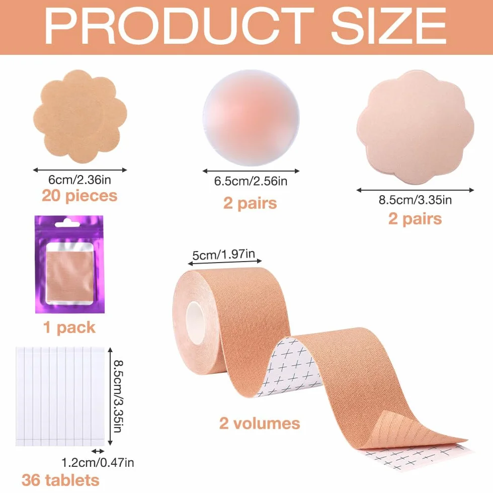 Taśma do podnoszenia piersi, taśma boobtape taśma klejąca piersi boob tape biustonosze samoprzylepne kobiety push up z silikonowymi sutkami, satynowe płatki, dwustronna wstążka do sukni wieczorowych