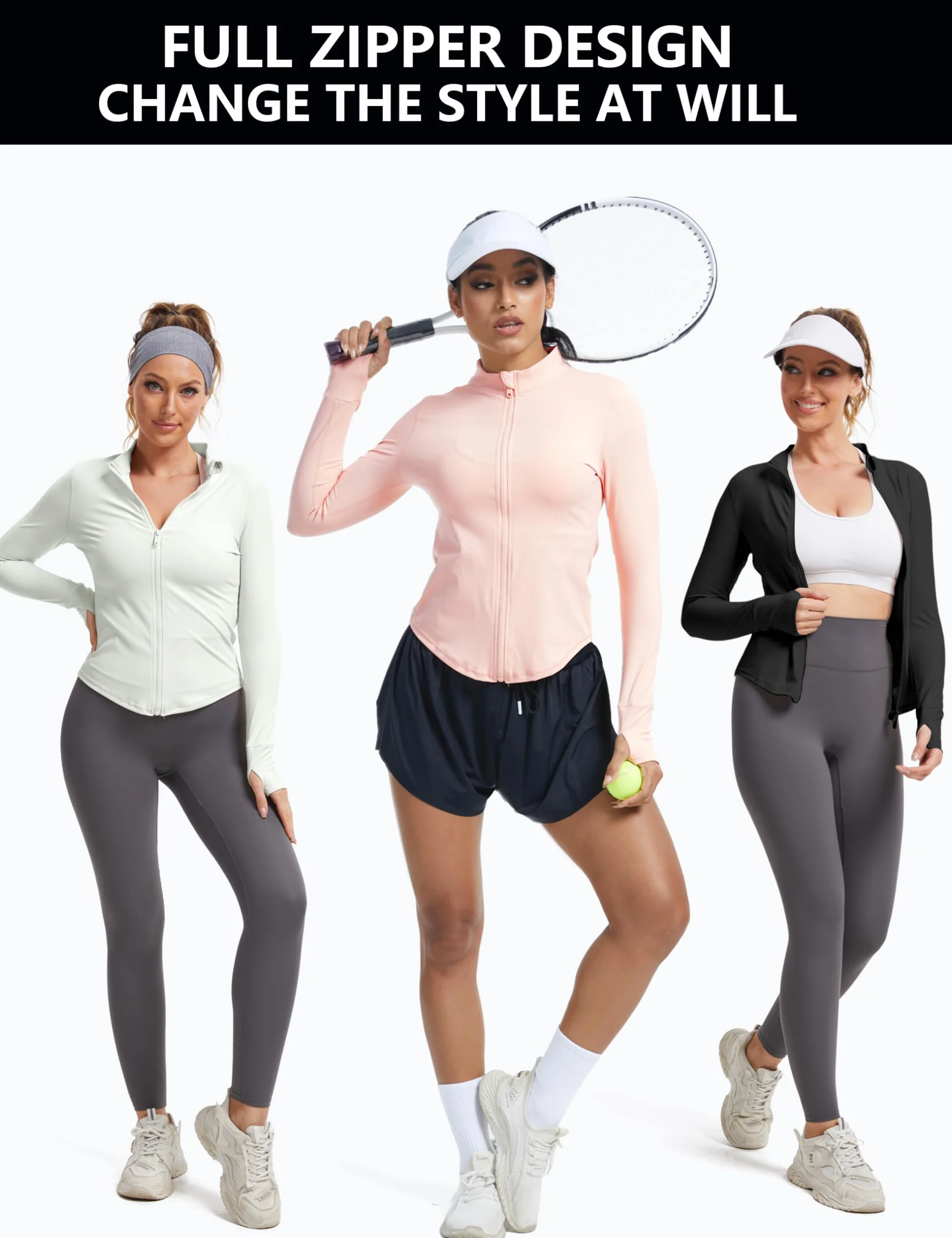 Damska kurtka sportowa do biegania - dopasowany długi rękaw, sportowy top na siłownię, joga, pilates, jogging, damska kurtka treningowa z zamkiem błyskawicznym i otworem na kciuk