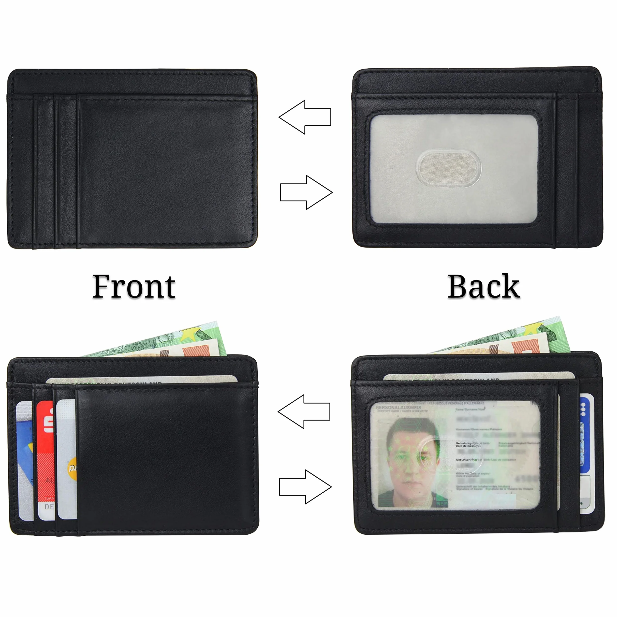 Frentree® Etui na karty ze skóry, bardzo cienkie, z ochroną RFID i okienkiem, minimalistyczna portmonetka na karty płatnicze i banknoty, czarny, Onesize, Minimalistyczny