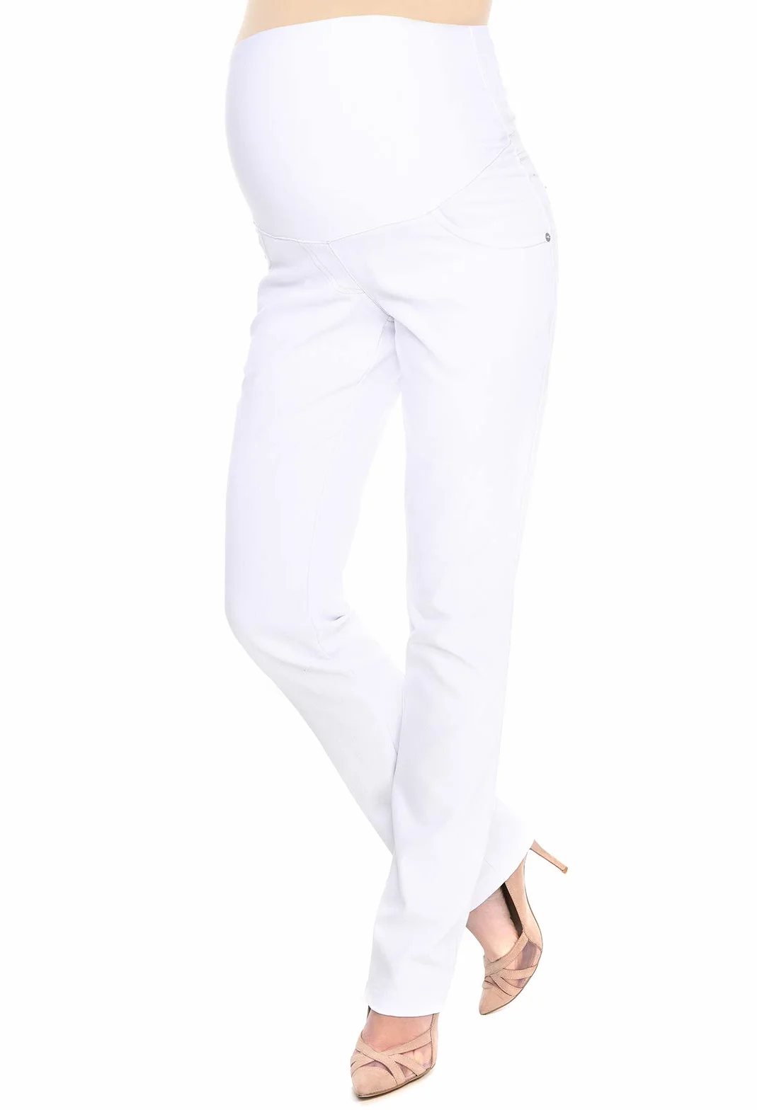 Mija – wygodne spodnie ciążowe Denim spodnie ciążowe z taśmą na brzuch 9036, biały, 38 PL