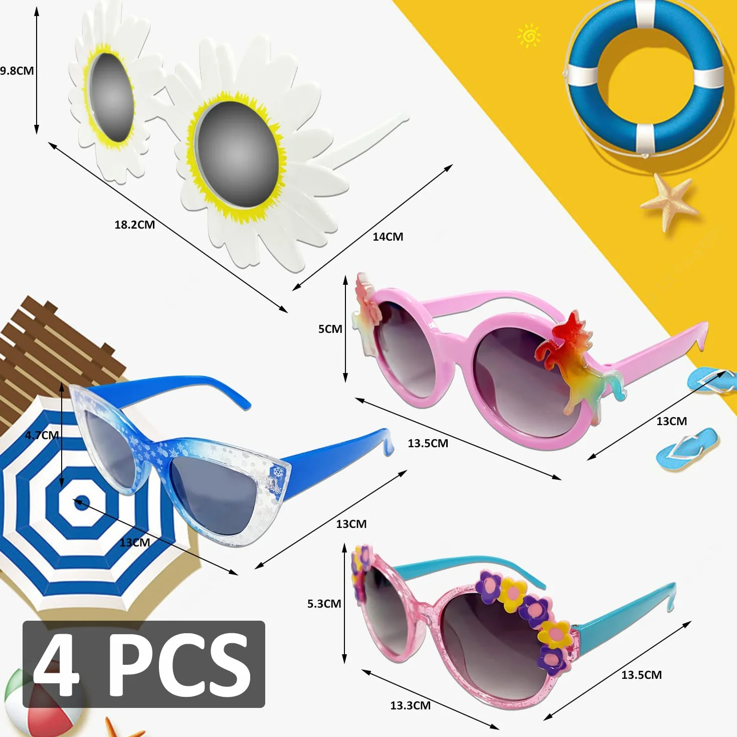4 sztuki dziecięcych okularów przeciwsłonecznych, płatki śniegu, okrągłe, ochrona przed promieniowaniem UV, cień retro, słonecznik, zabawne okulary przeciwsłoneczne dla dzieci, hawajskie plażowe na urlop., niebieski, 121*42MM