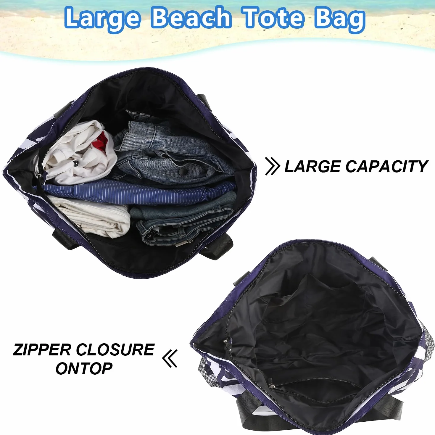 TAHAVICE Damska torba plażowa z zamkiem błyskawicznym, duża torba plażowa XXL, torba kąpielowa, wodoszczelna, na plażę, podróż, basen, do studia fitness