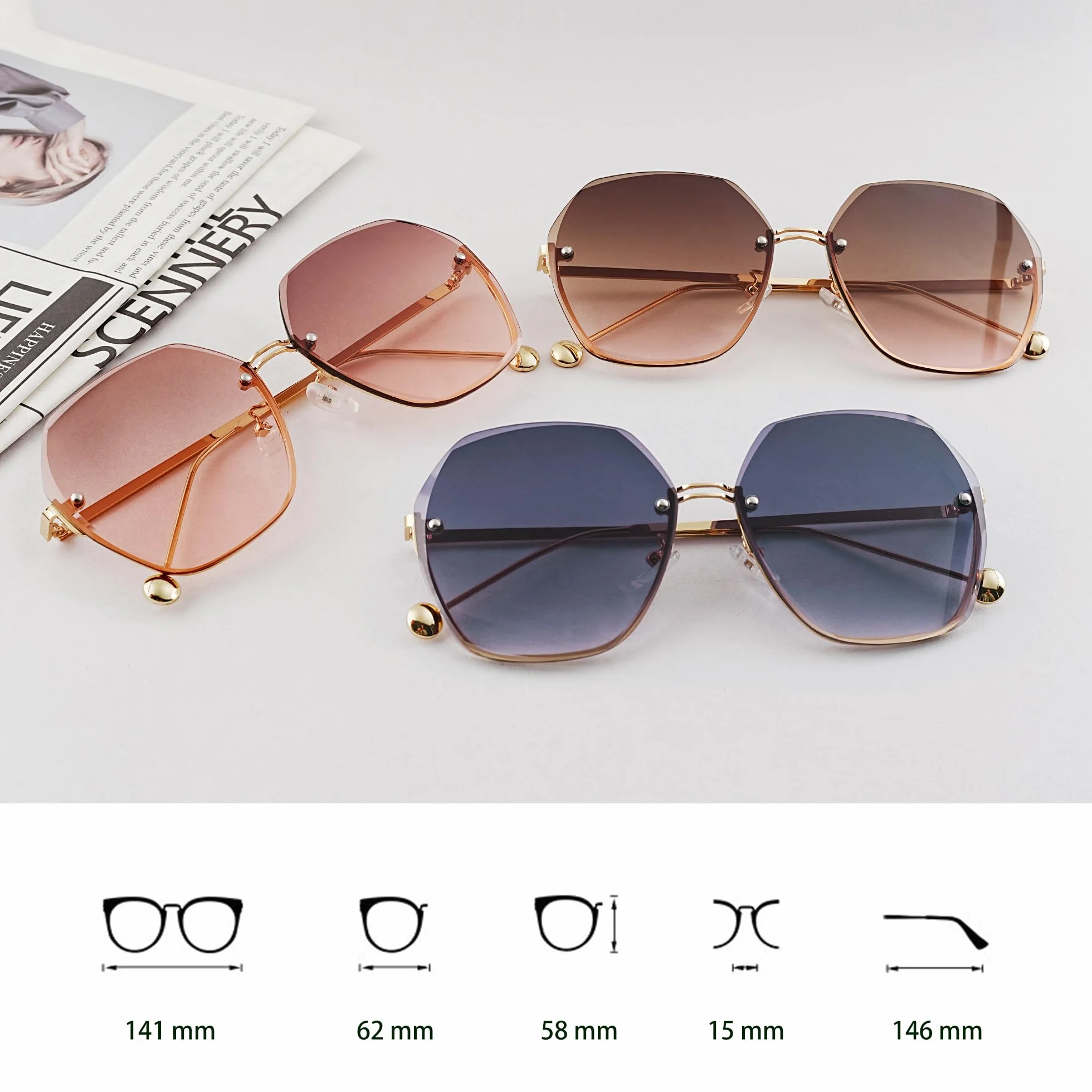 Okulary przeciwsłoneczne damskie, duże, modne, eleganckie, gradient kolorów UV400 + woreczek na okulary przeciwsłoneczne