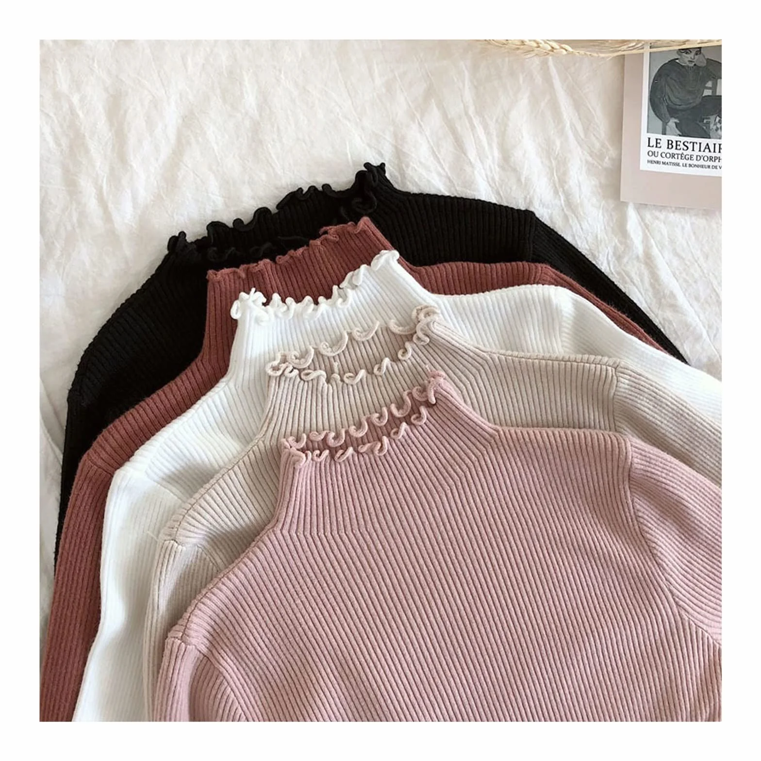 Damskie kardigany Fall Winter Ruffles Sweater Turtleneck Ruched Women Sweaters High Elastic Solid Female Slim Sexy Knitted Pullovers(White)