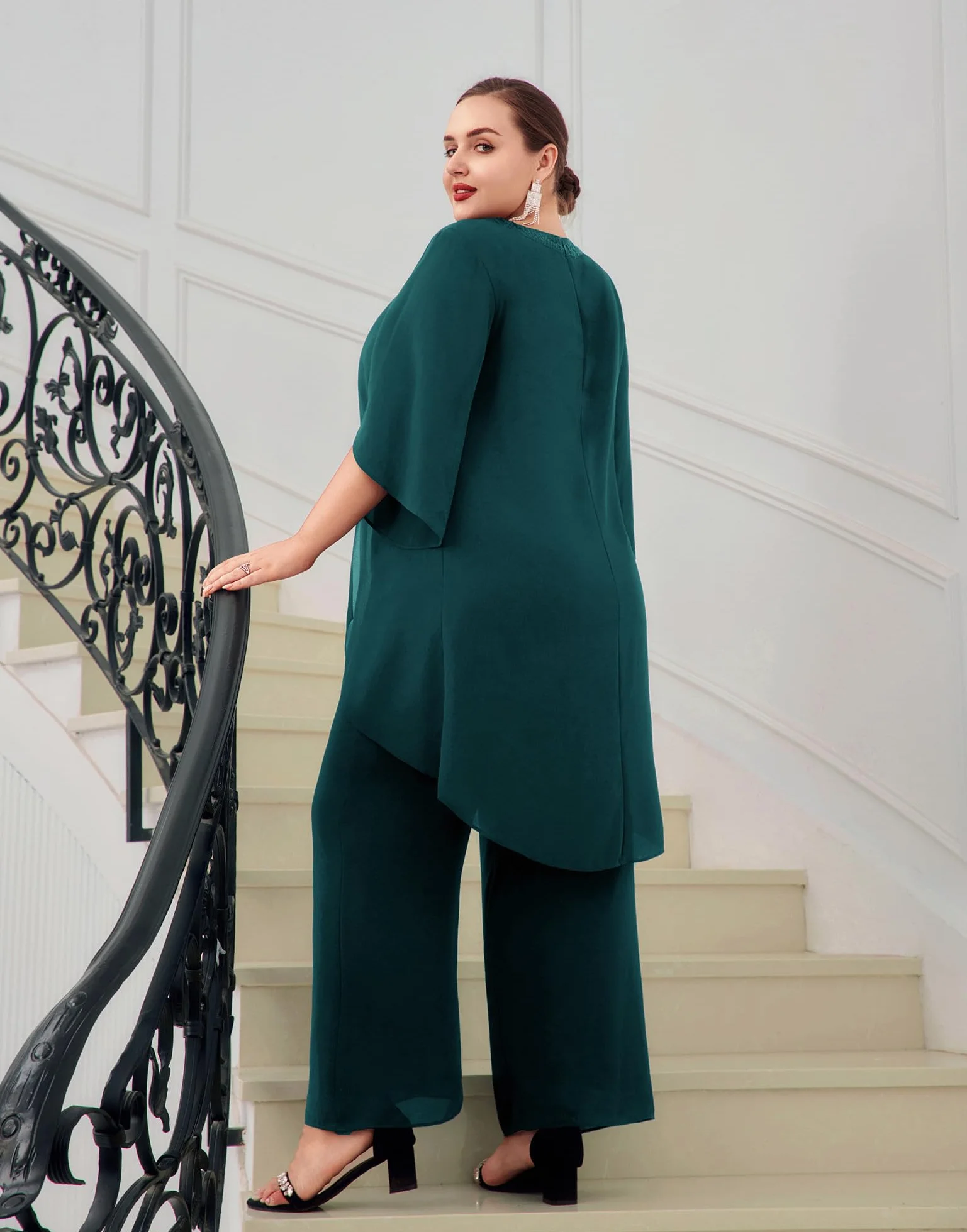 Hanna Nikole Damski strój wieczorowy w dużych rozmiarach, szyfonowy, elegancki, dwuczęściowy, odświętny strój, dla gości weselnych, na uroczystość, moda wieczorowa, cekiny, okrągły dekolt, wysoki