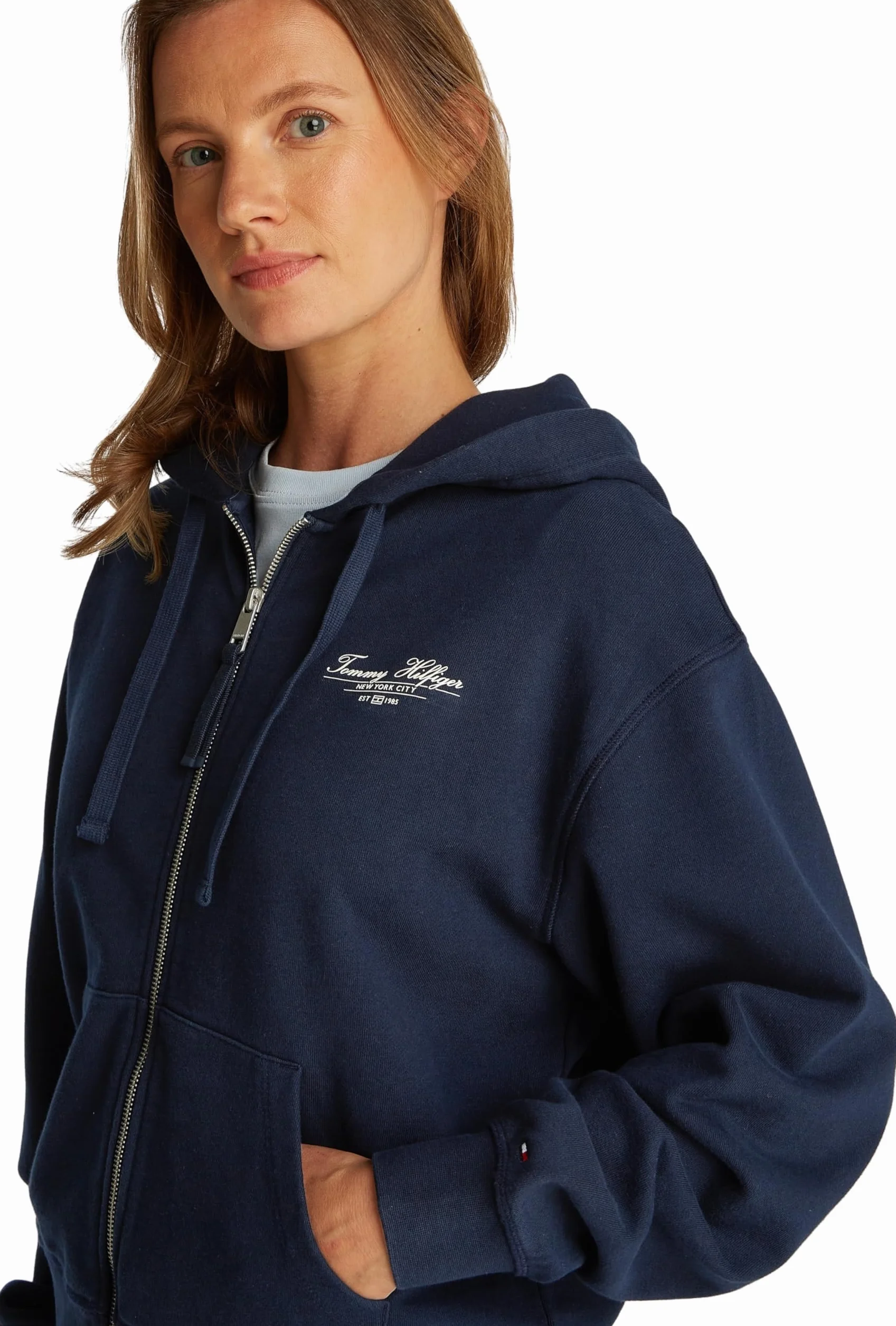 Tommy Hilfiger Damska bluza z kapturem REG Script Zip WW0WW44632, Niebieski (Dark Night Navy), M