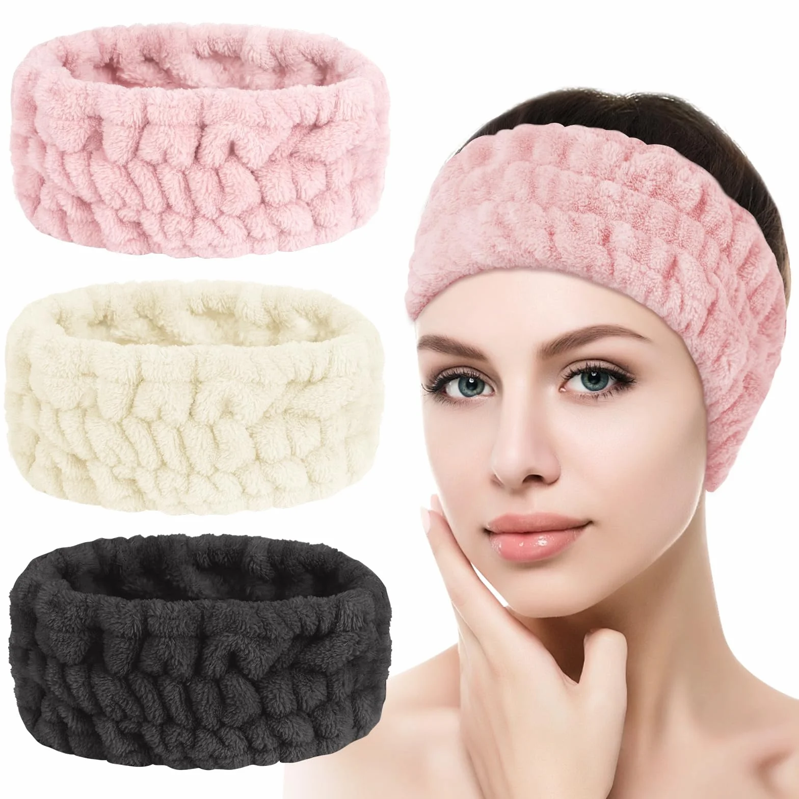 Flintronic Opaska do spa dla kobiet, puszysta opaska do mycia twarzy, miękka, frotte, opaska do włosów, do mycia twarzy, prysznica, jogi, sportu, biała, czarna, arbuzowa czerwień, 3 szt