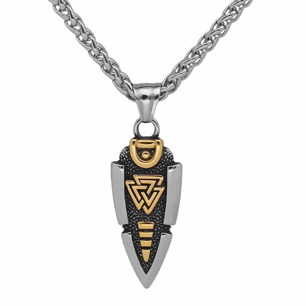 Mitologia nordycka Odyna włócznia naszyjnik - męski wisiorek grot strzały ze stali nierdzewnej - vintage średniowieczny symbol Valknut amulet islandzka biżuteria