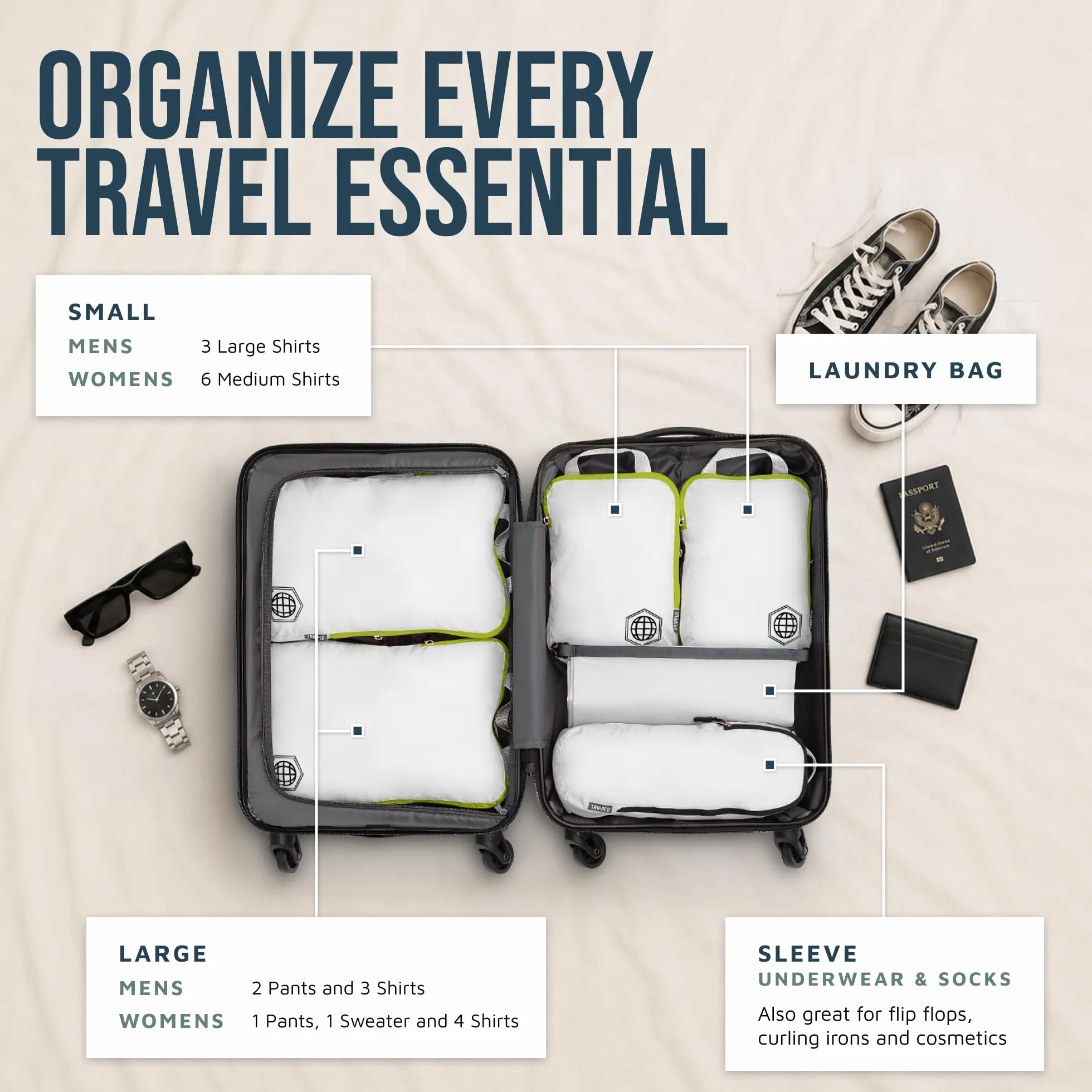 TRIPPED Travel Gear 6-częściowy zestaw kompresyjnych kostek do pakowania Carryon Travel, lekkie torby bagażowe z podwójnym zamkiem błyskawicznym (białe i zielone)