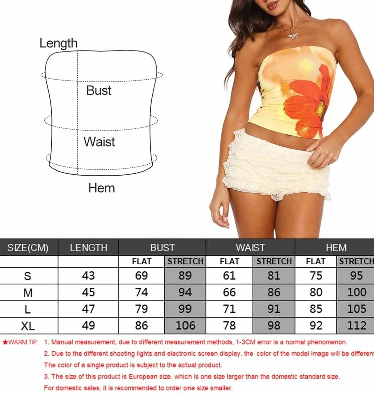 Tube Tops damski top na lato, bez rękawów, bez ramion, elegancki nadruk kwiatowy, bez ramiączek, seksowny, obcisły top Y2k Casual Stretchy Slim Fit, Bandeau Crop Top