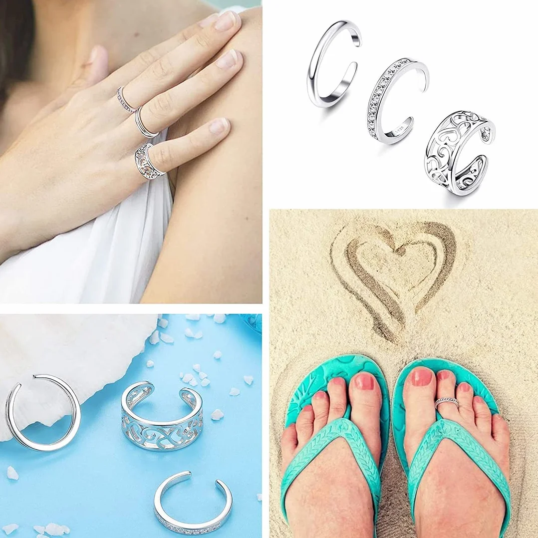 5 szt. 926 Sterling Silver Toe Rings dla kobiet, zestaw biżuterii z otwartymi regulowanymi pierścieniami